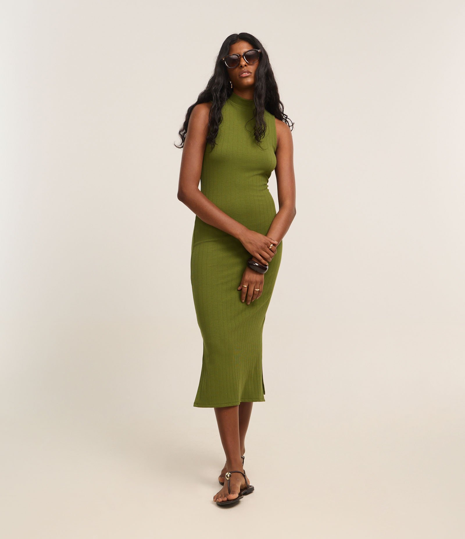 Vestido Midi Canelado em Ribana com Gola Altinha Verde 2
