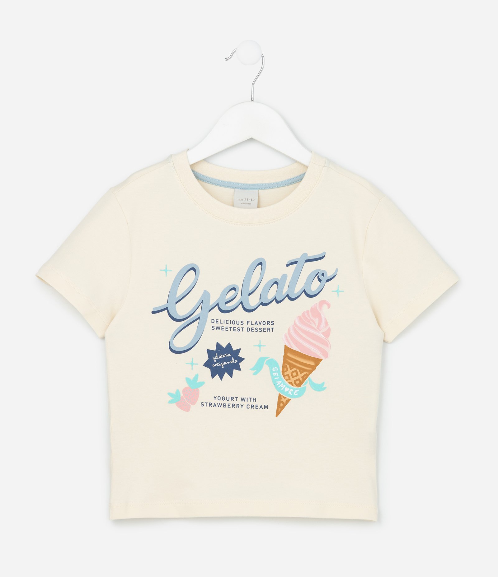 Camiseta Infantil Baby Tee com Estampa de Sorvete - Tam 5 A 14 Off White 1