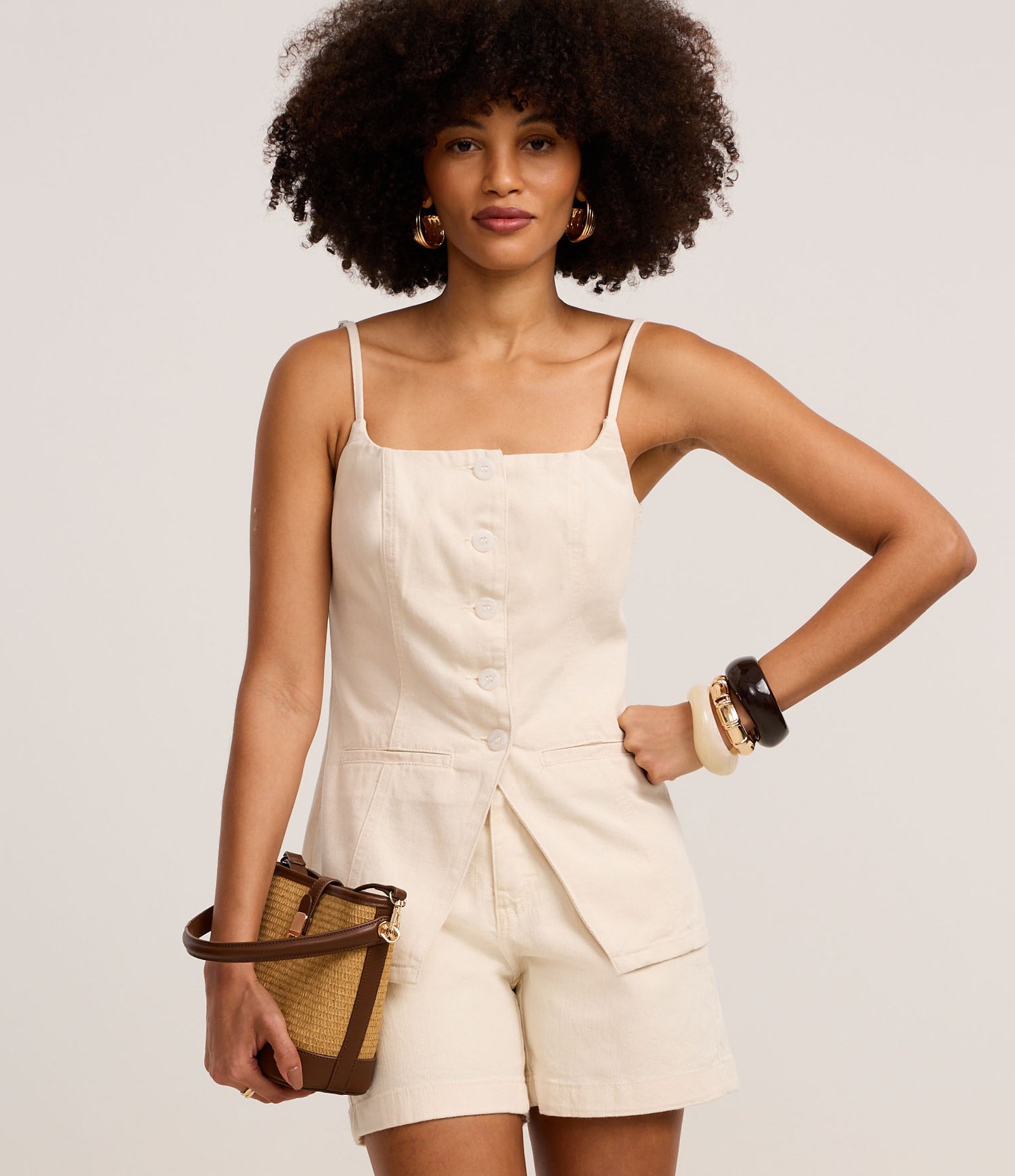 Colete de Alça em Sarja com Cintura Ajustada e Barra V Off White 1