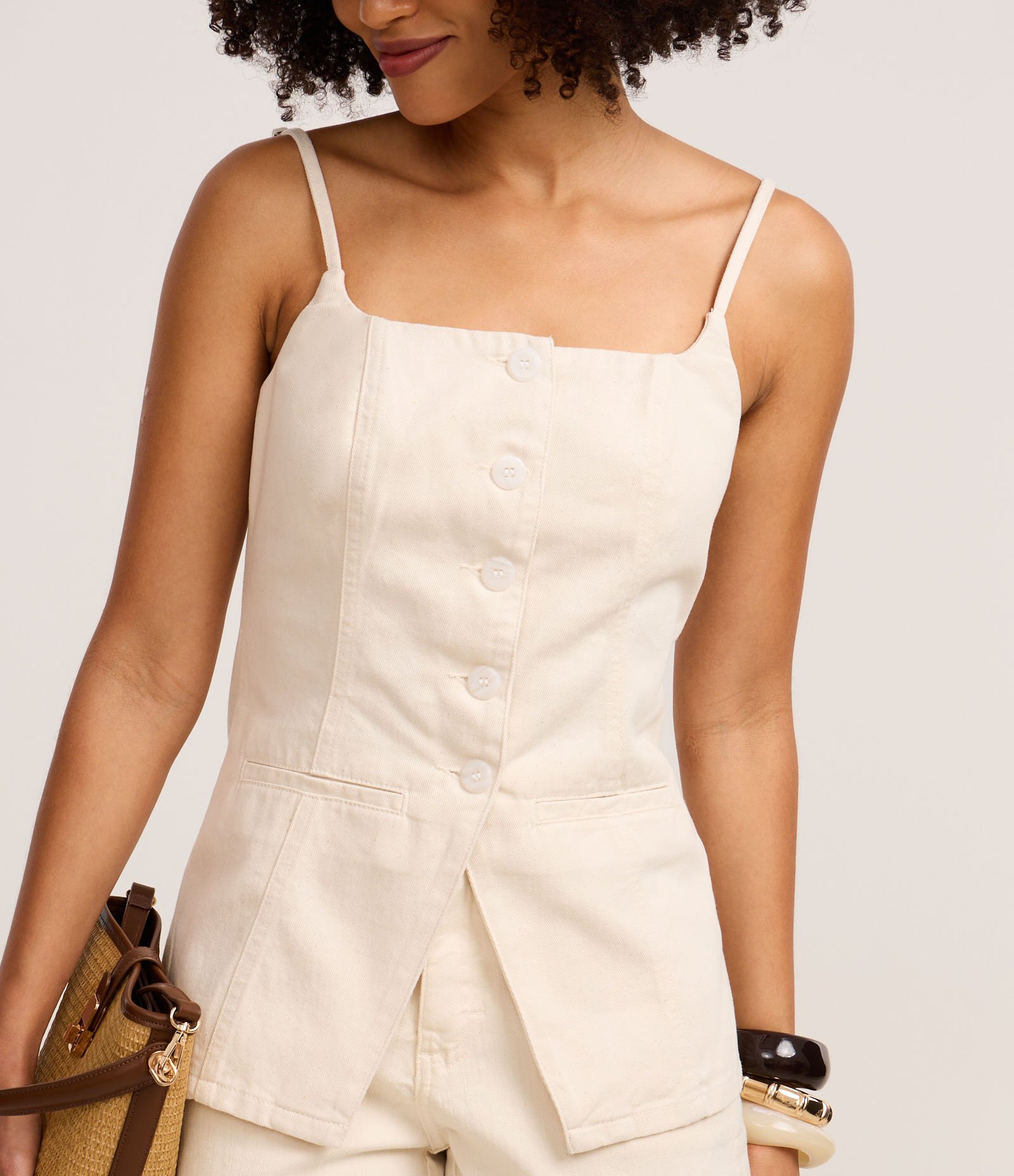 Colete de Alça em Sarja com Cintura Ajustada e Barra V Off White 4