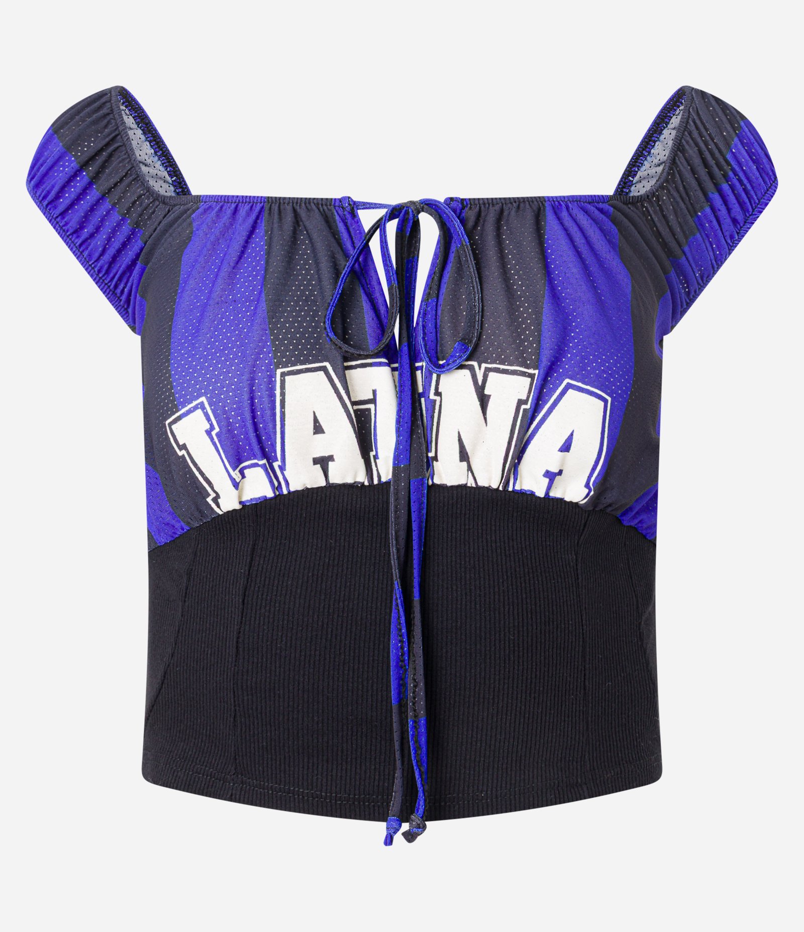 Blusa Corset Sportcore Listrada e Lettering Latina Preto/Azul 4