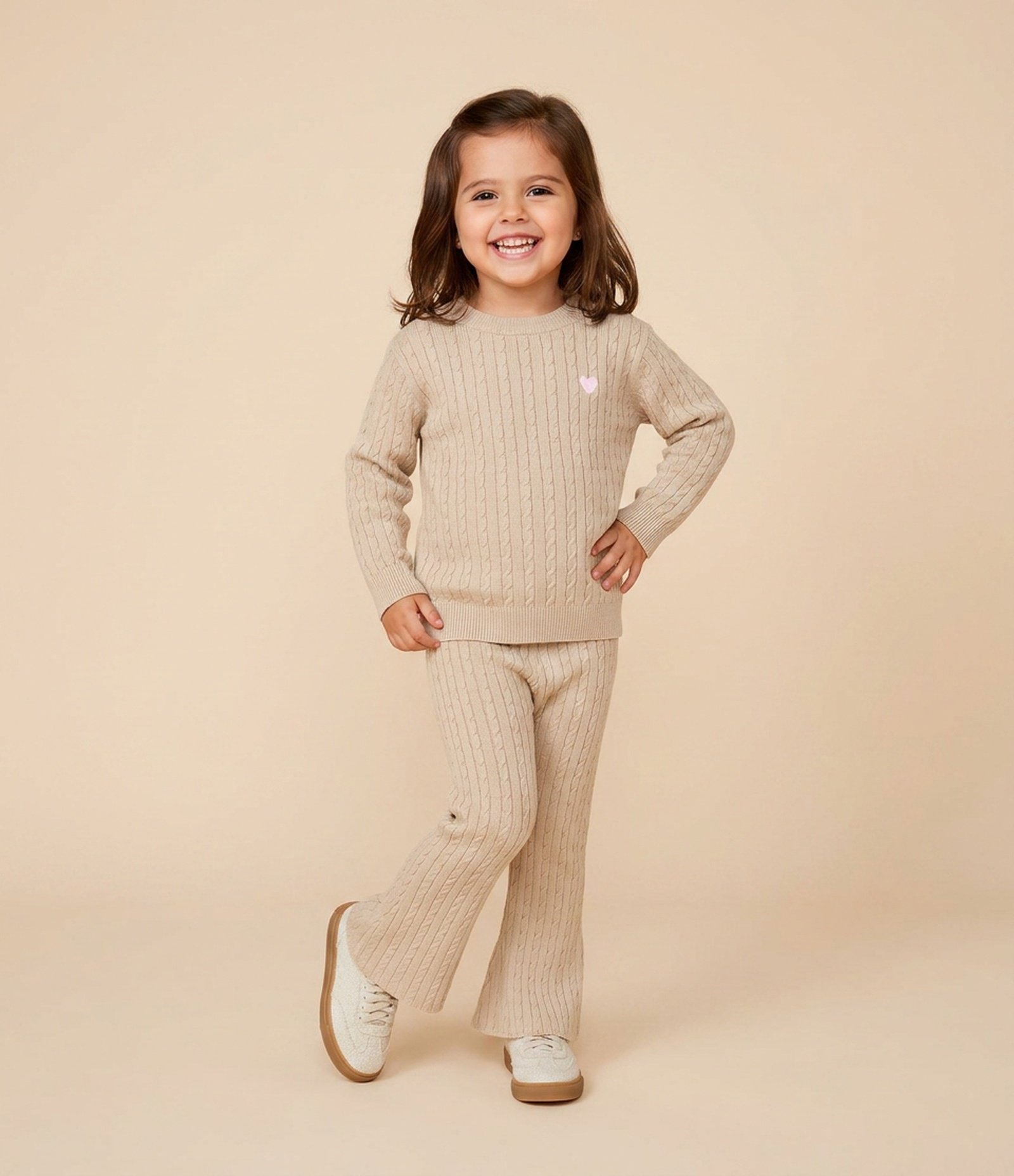 Conjunto Infantil em Efeito Tricô com Coração Bordado – Tam 1 a 6 Anos Bege Claro 1