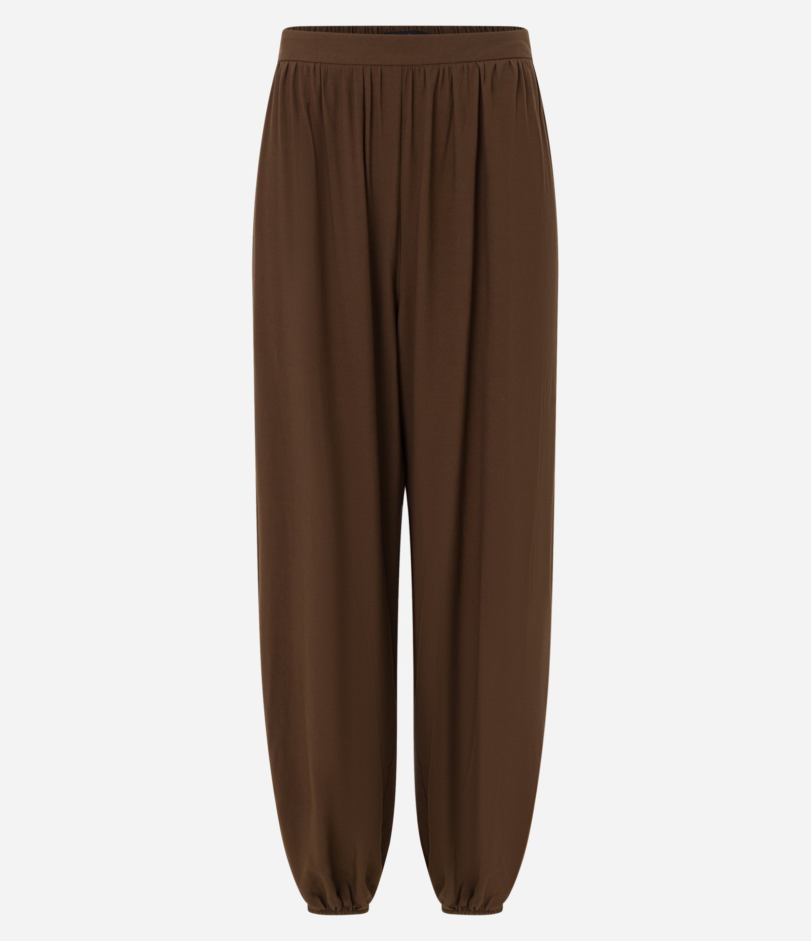 Calça Aladim Ballon Acetinada com Elástico na Barra Marrom 6