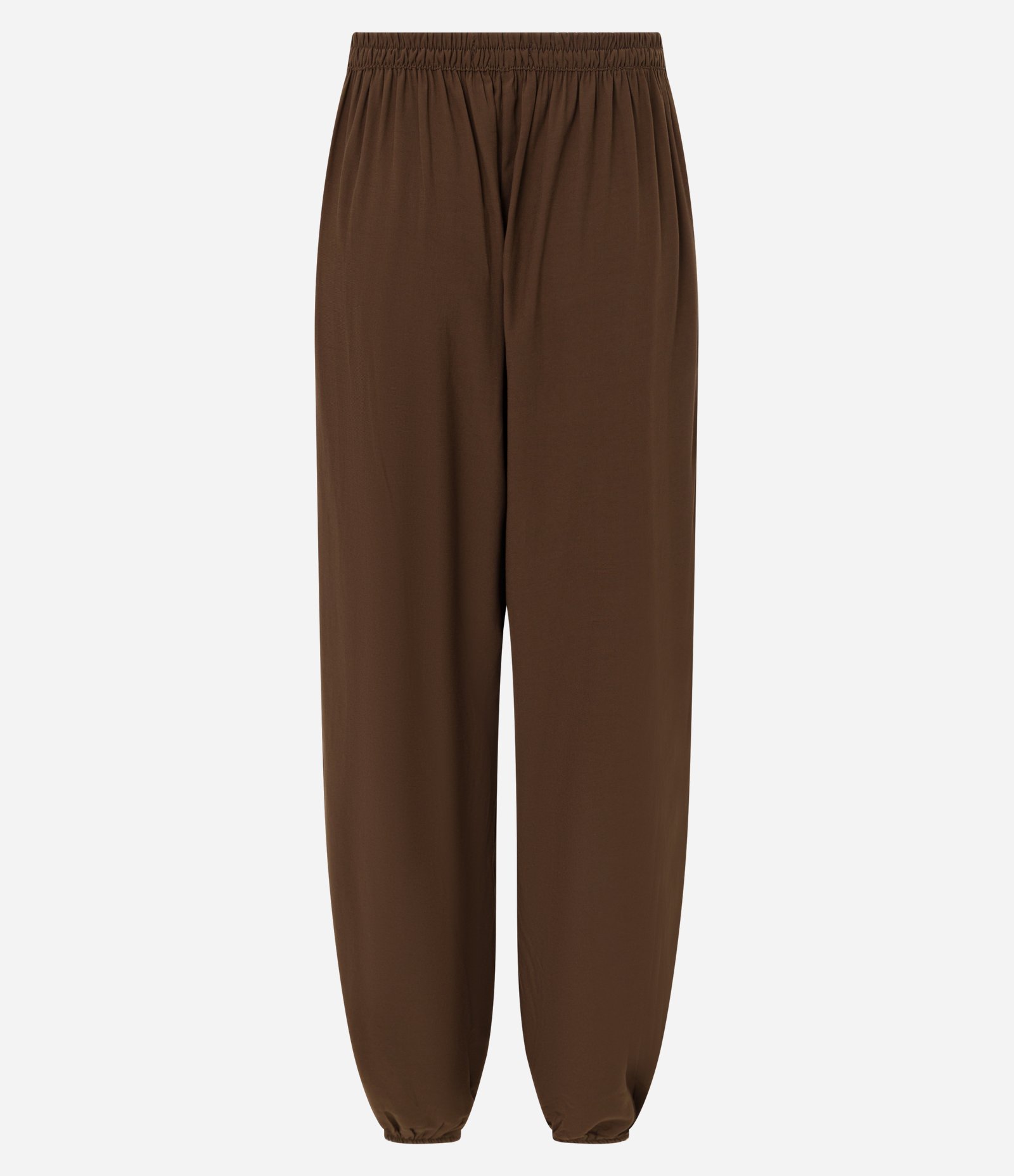 Calça Aladim Ballon Acetinada com Elástico na Barra Marrom 7