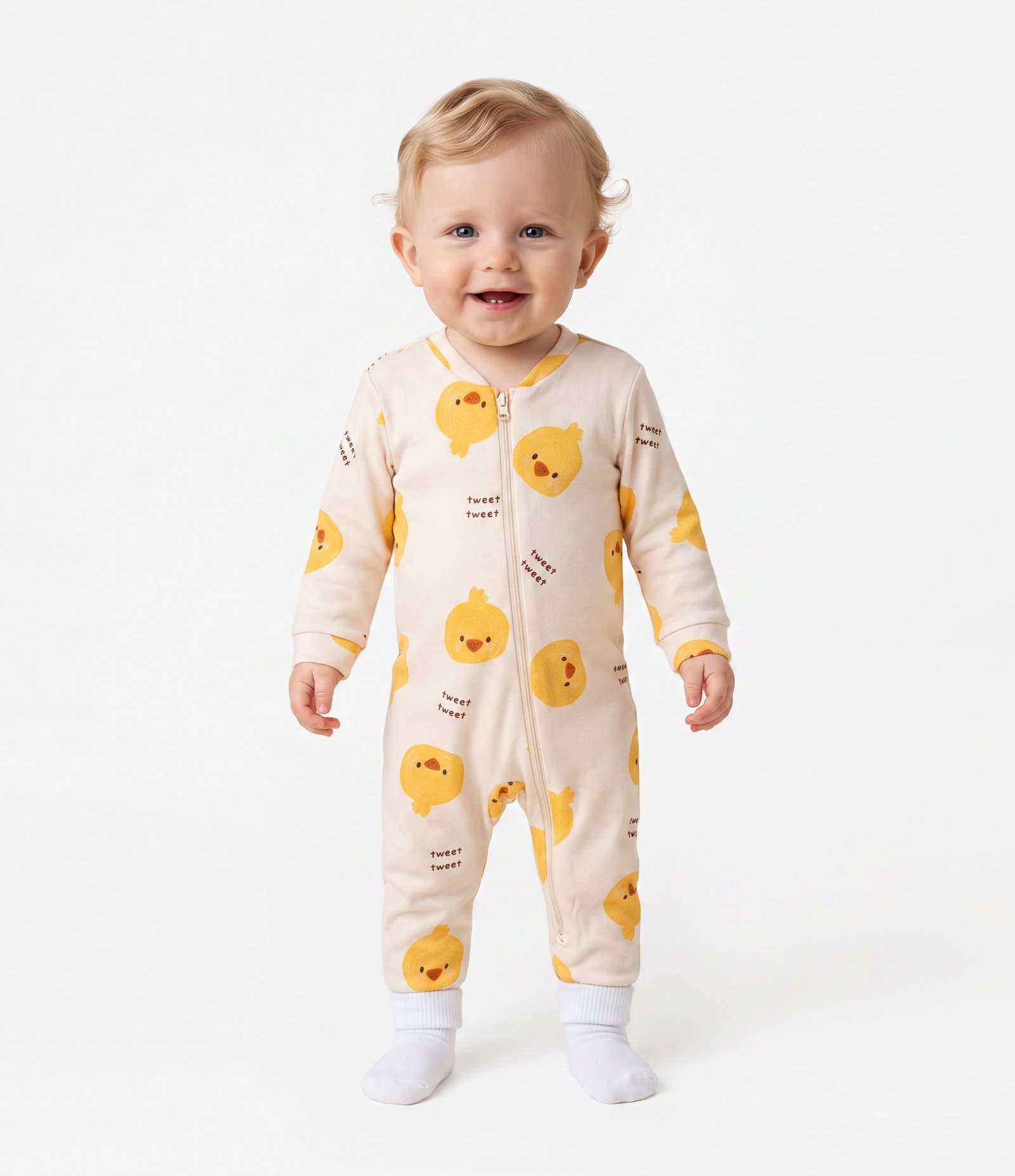 Macaquinho Infantil Peach Touch com Estampa de Pintinho - Tam RN a 18 Meses Off White 1