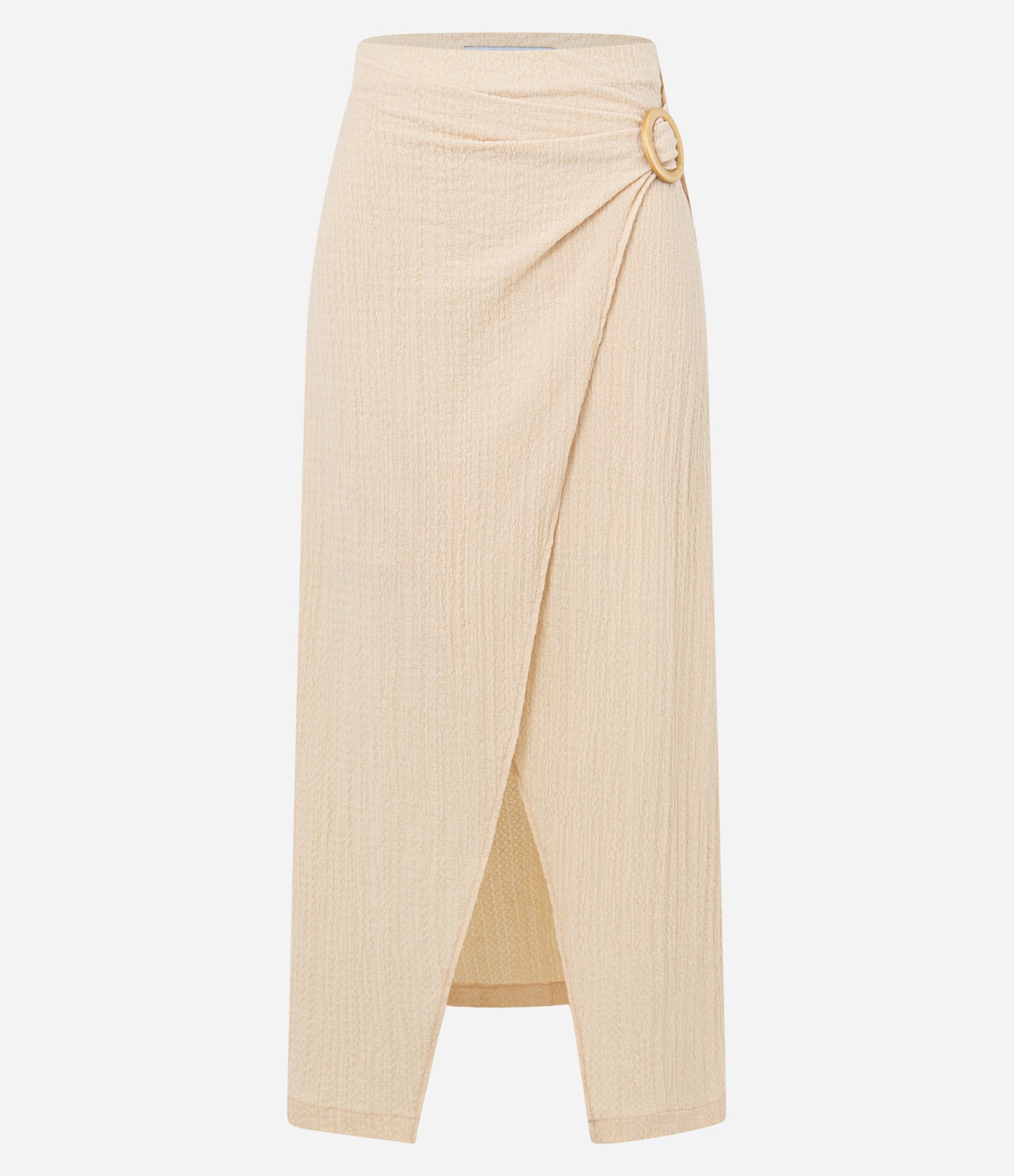 Saia Long Midi Evasê com Fivela Redonda Lateral e Fenda Bege 5