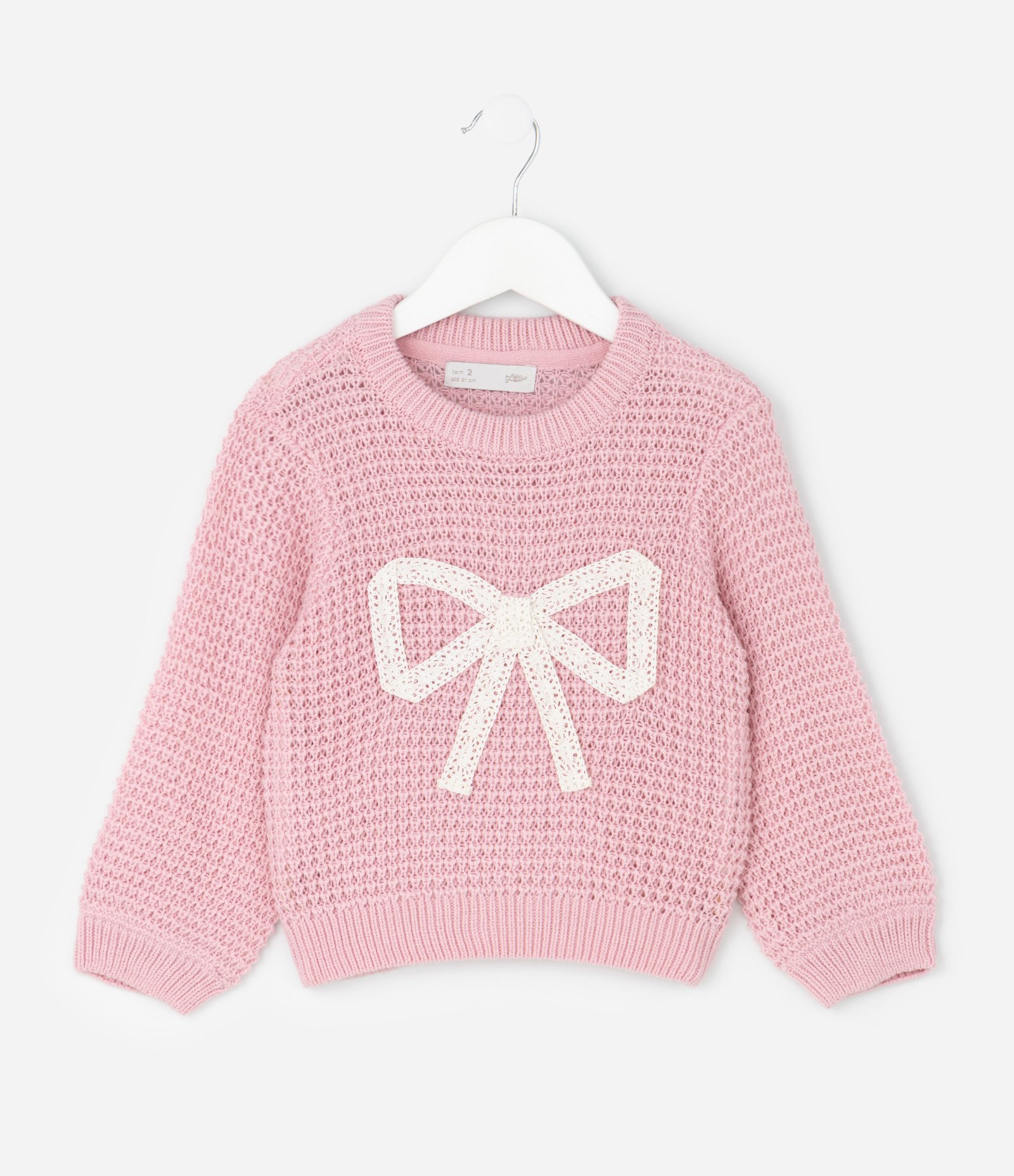 Suéter Infantil em Efeito Tricô com Bordado de Laço – Tam 1 a 5/6 Anos Rosa Claro 1