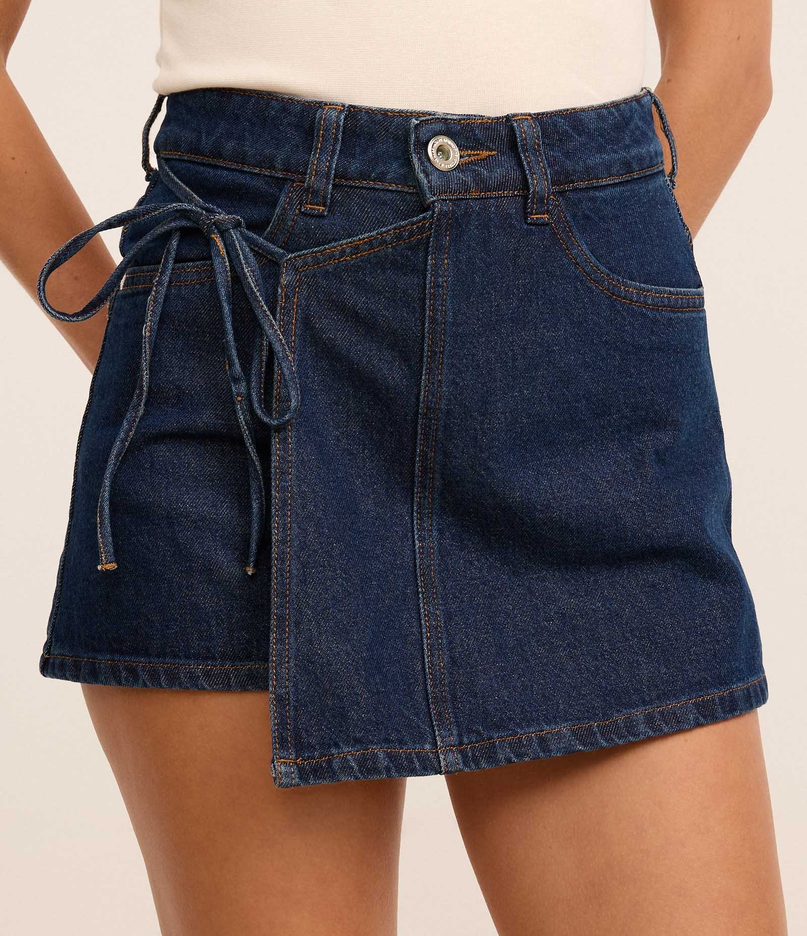 Short Saia em Jeans com Amarração Azul 2