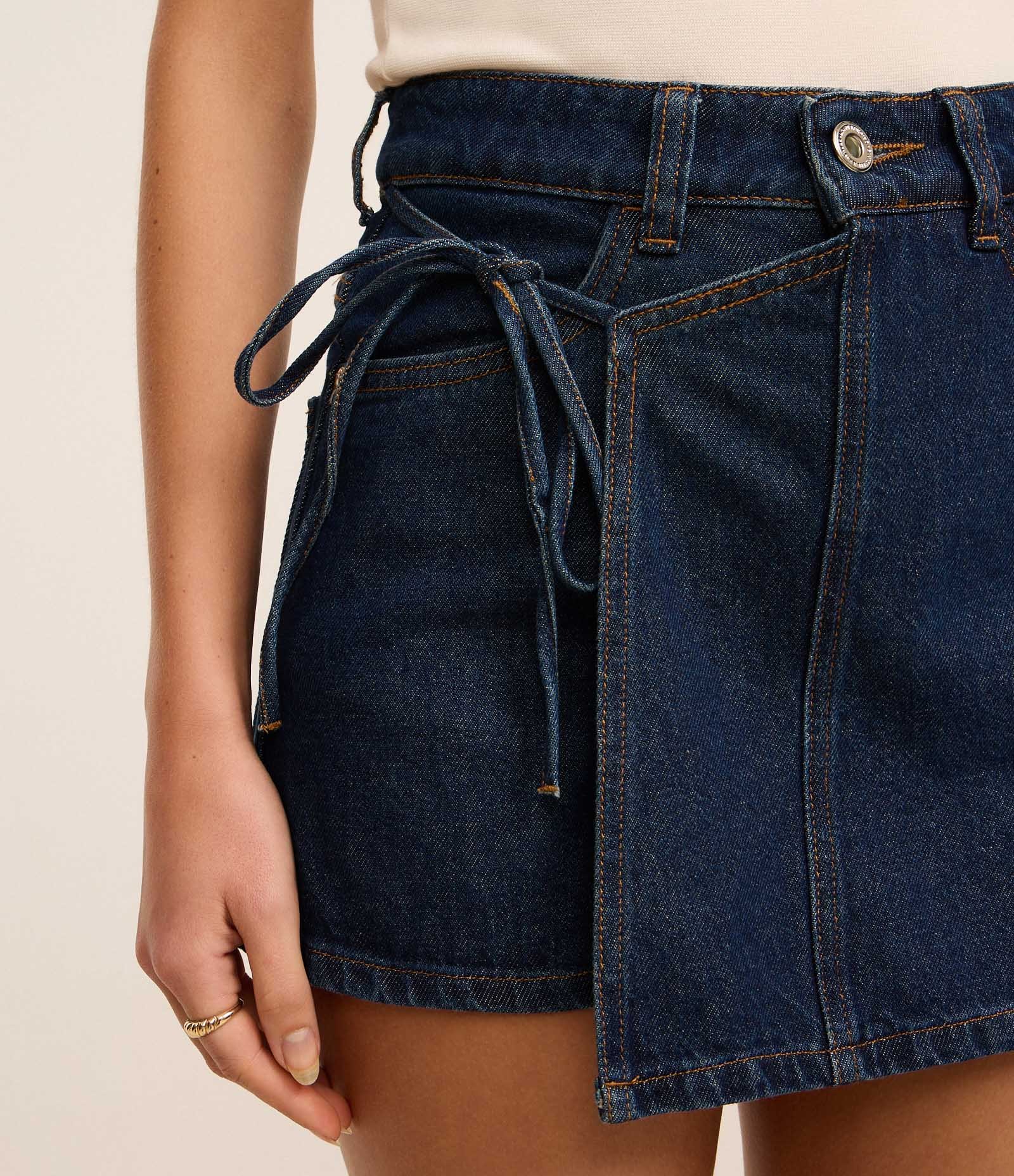 Short Saia em Jeans com Amarração Azul 4