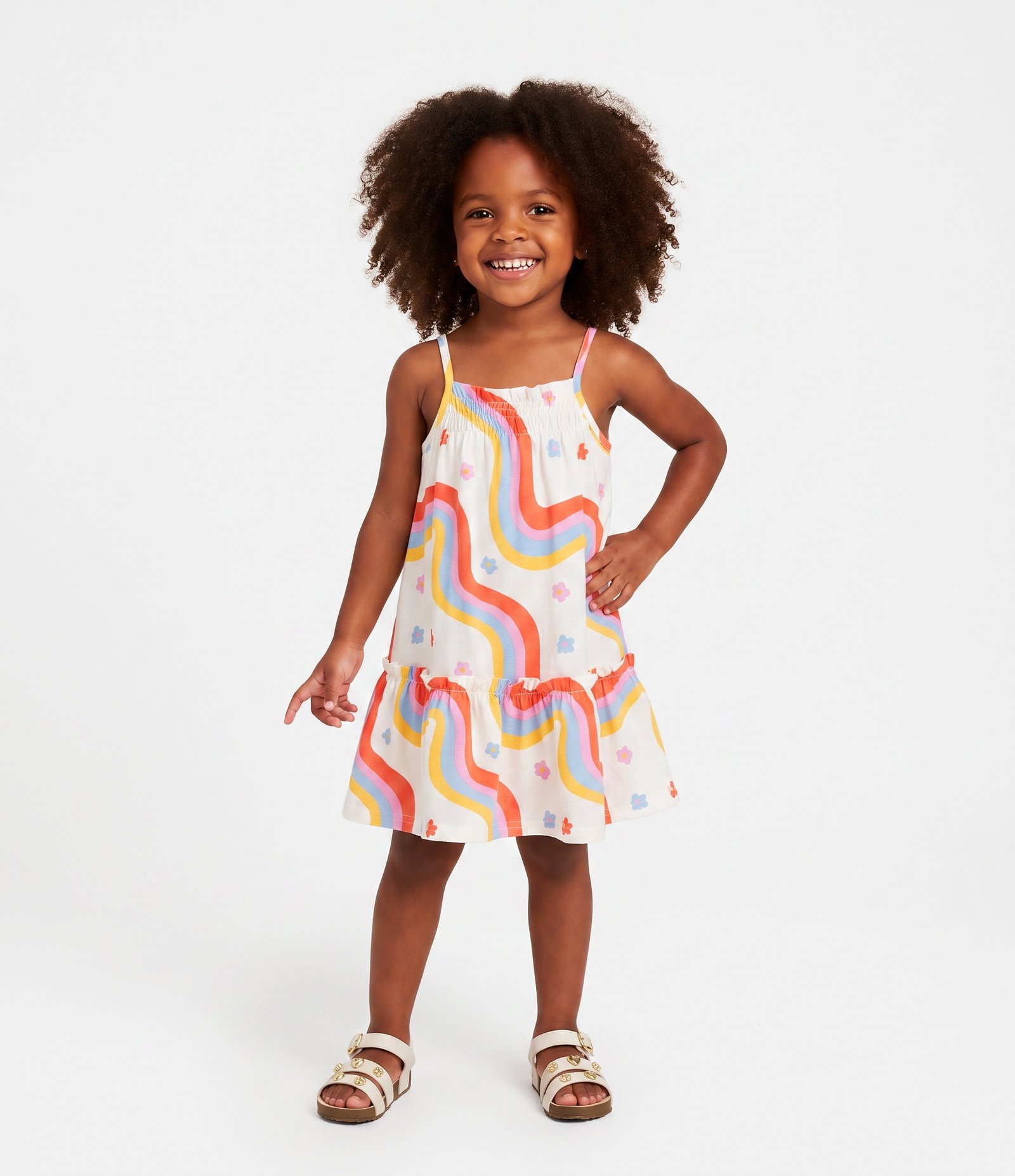 Vestido Infantil em Algodão com Estampa de Arco Íris - Tam 1 a 6 Anos Creme 1