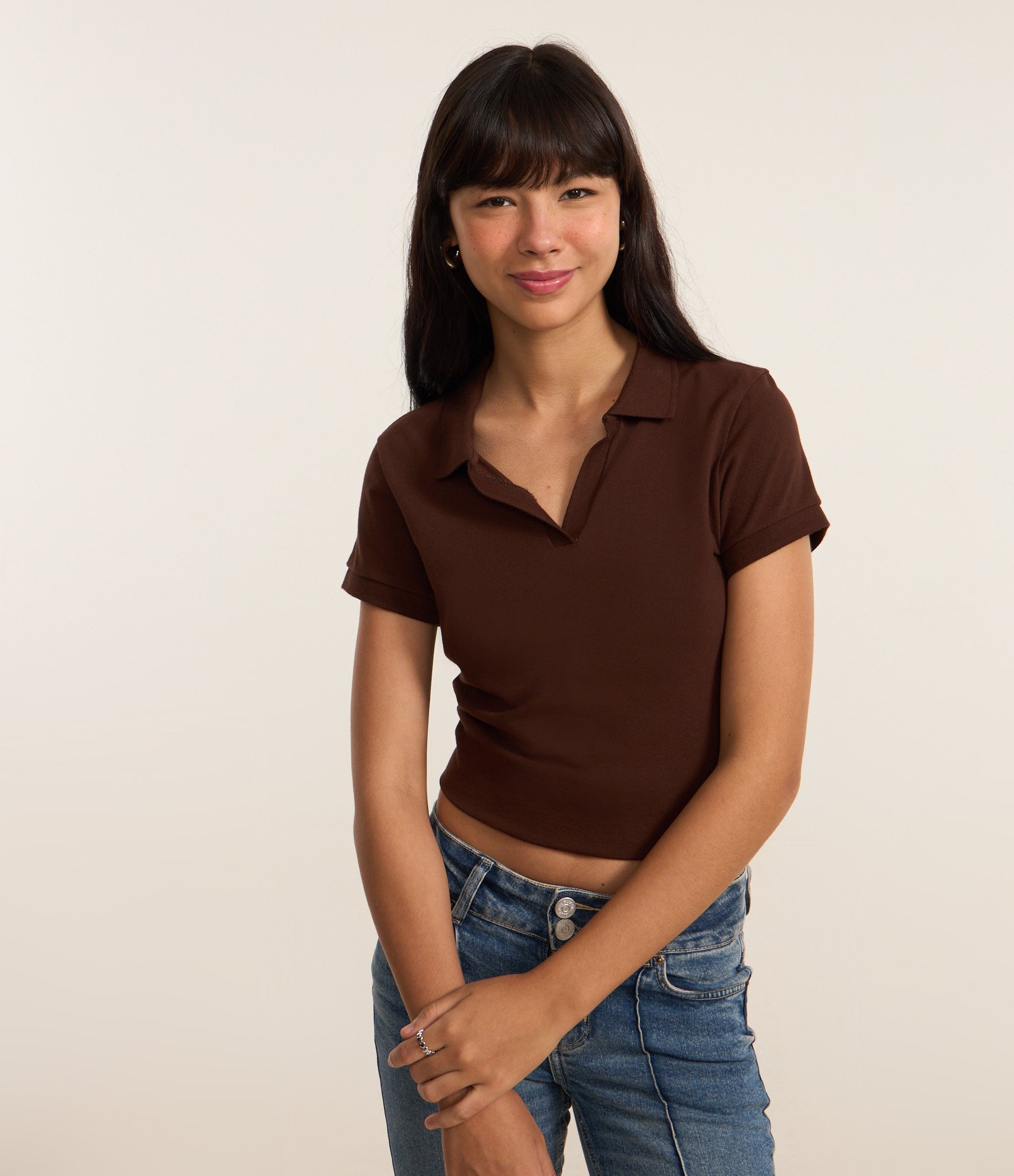 Blusa em Algodão com Gola Polo e Manga Curta Marrom 1