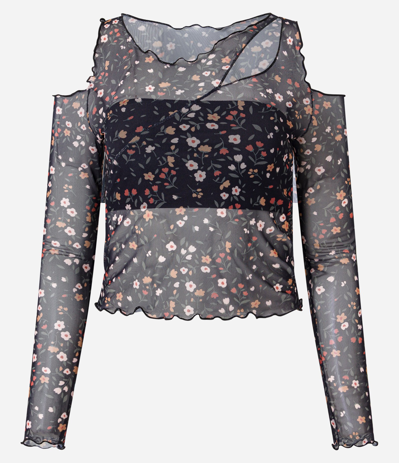 Blusa em Tule Floral com Cut Out e Borda Frufu Preto 4