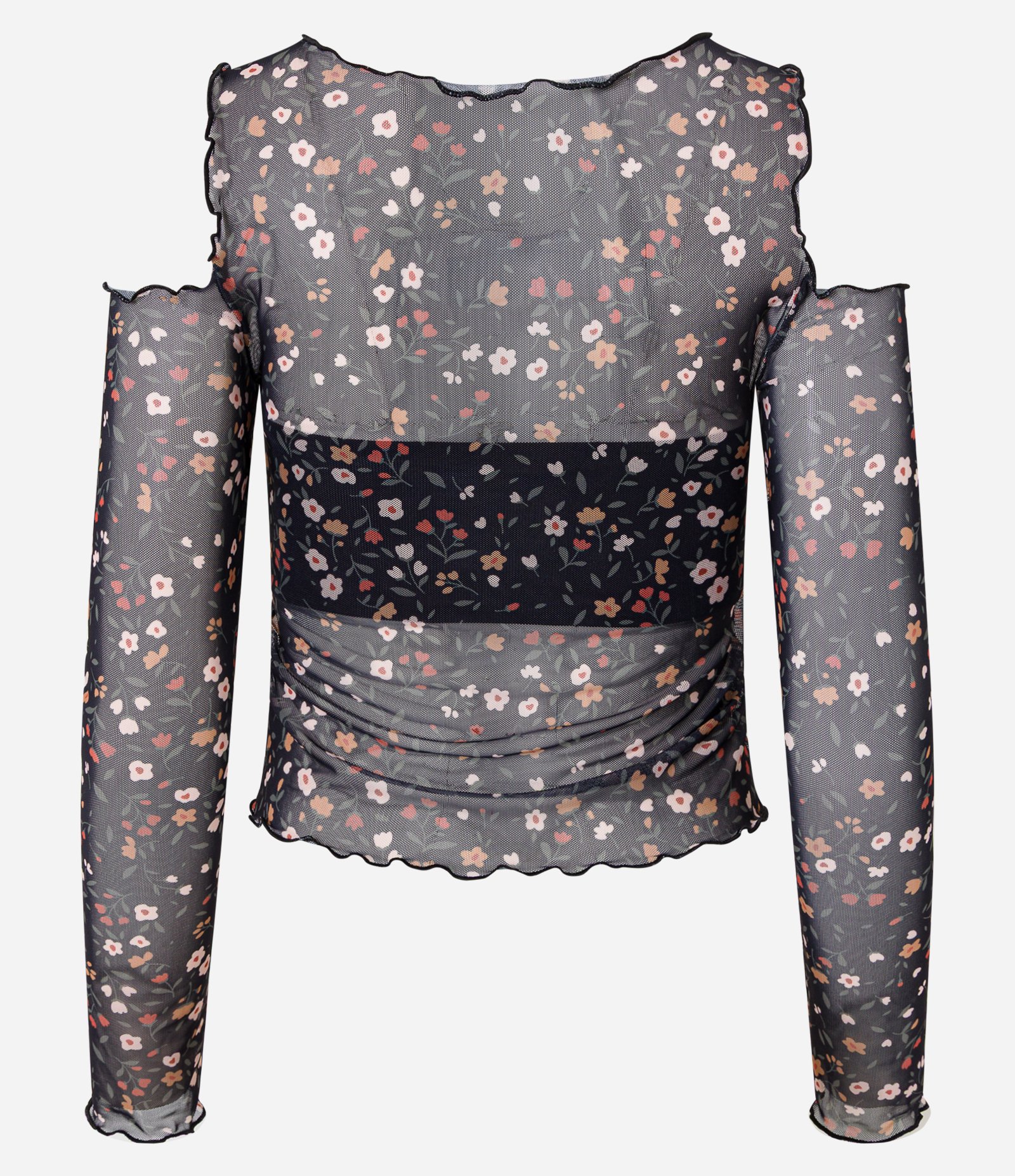 Blusa em Tule Floral com Cut Out e Borda Frufu Preto 5