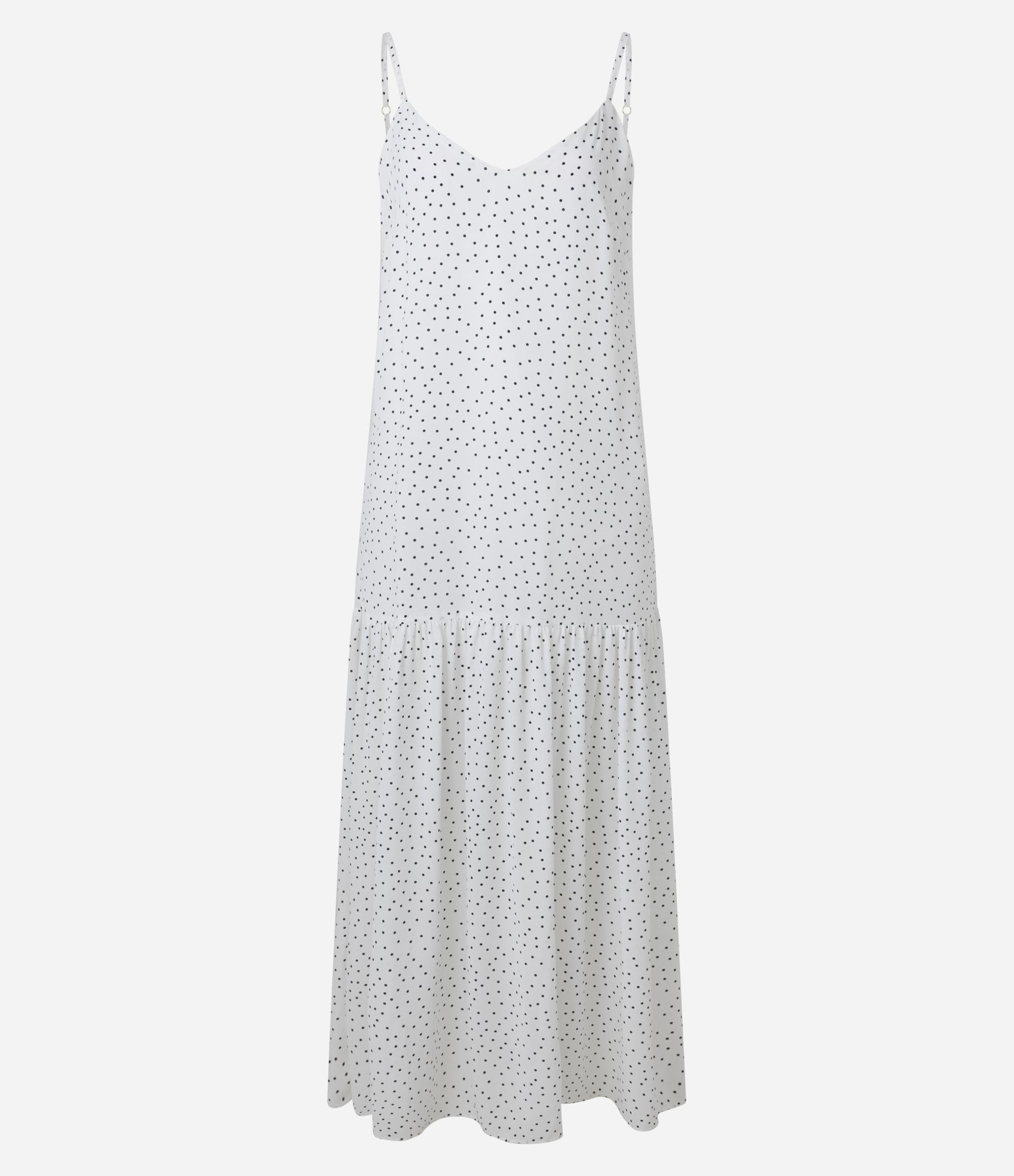 Vestido Evasê Longo em Crepe com Babados e Estampa Poá Branco 6