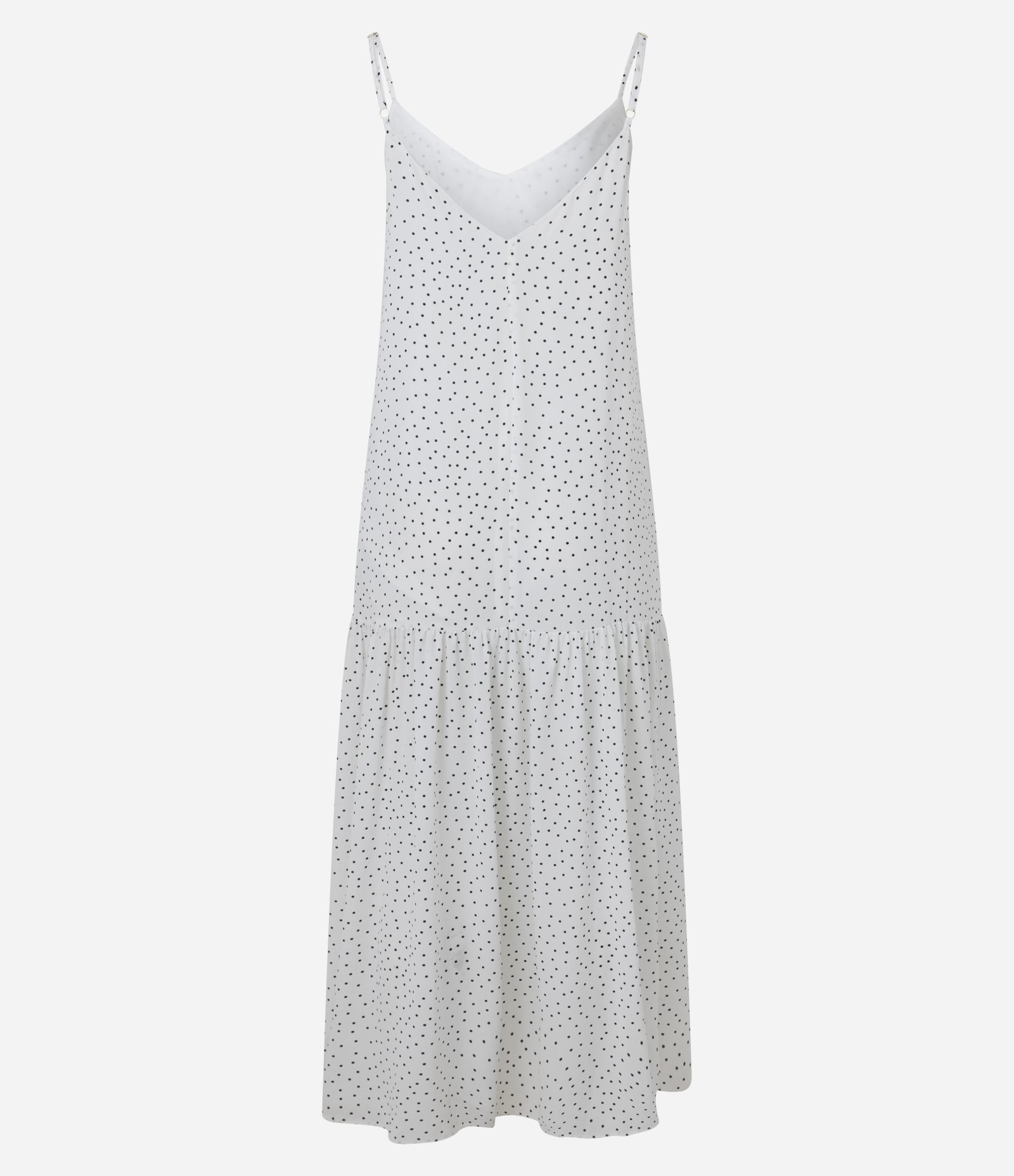 Vestido Evasê Longo em Crepe com Babados e Estampa Poá Branco 7