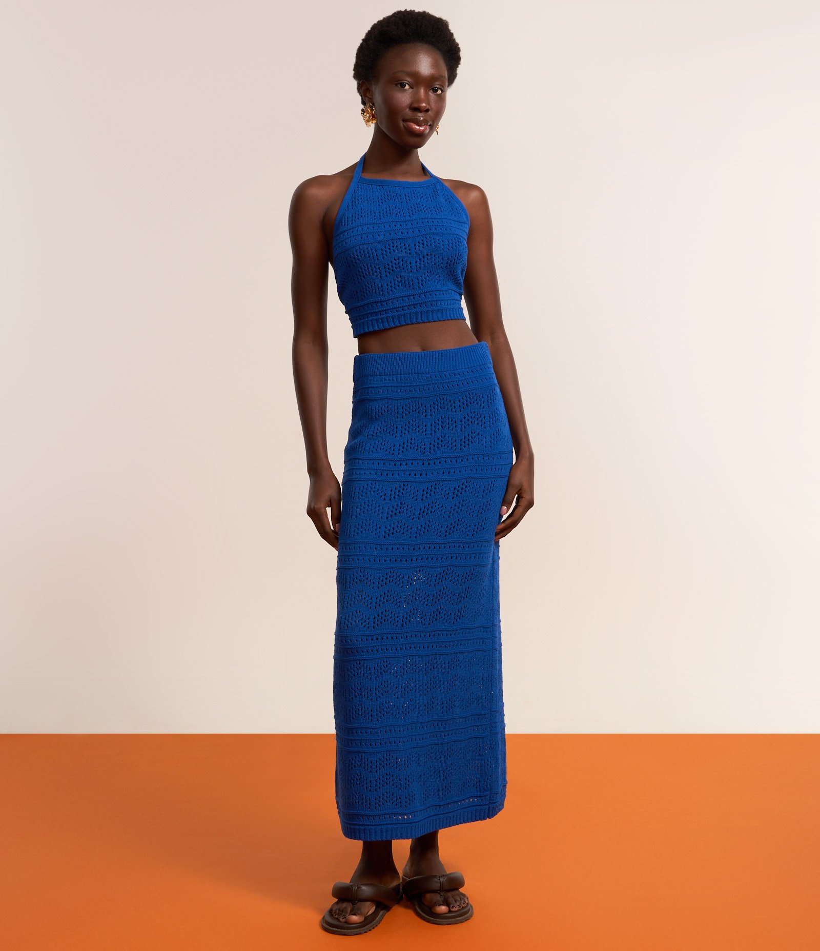 Saia Ajustada Long Midi em Tricô com Mix de Pontos Azul 6