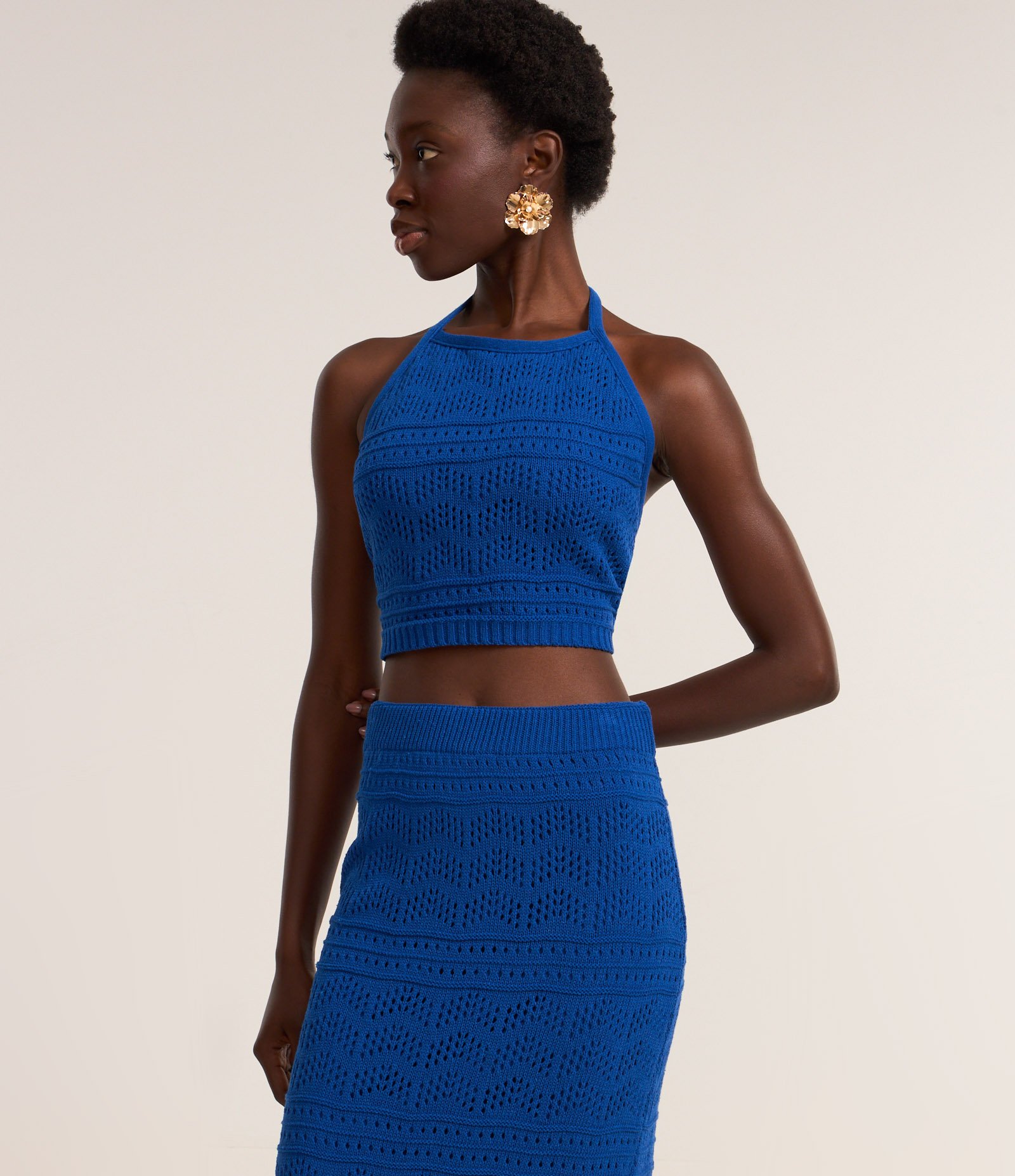 Saia Ajustada Long Midi em Tricô com Mix de Pontos Azul 2