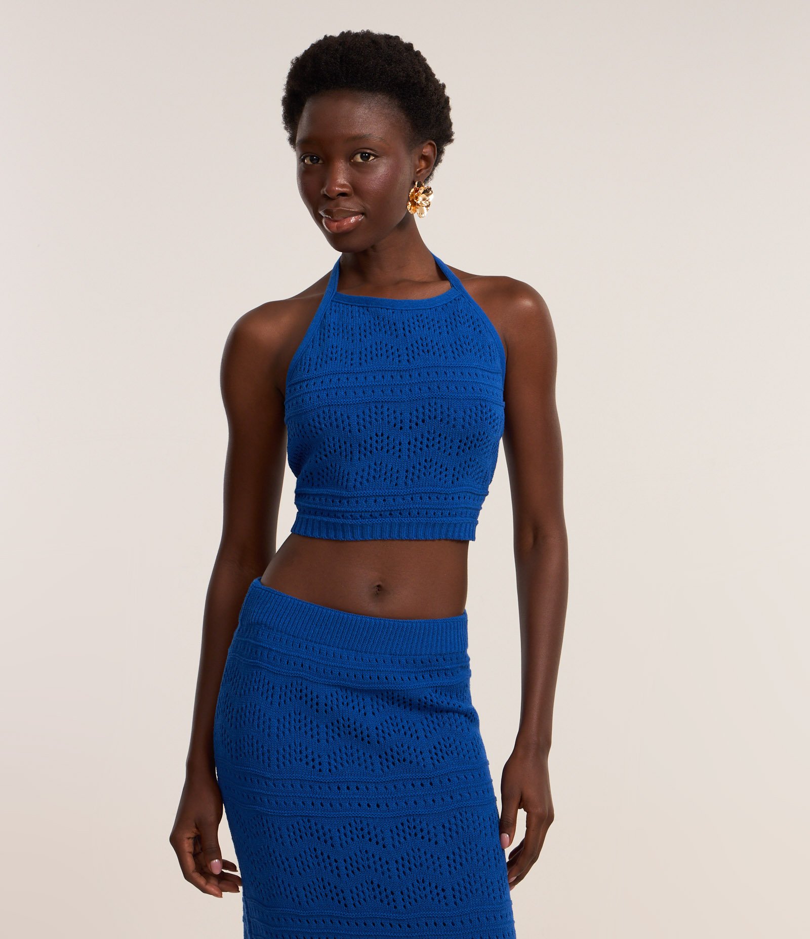 Blusa Frente Única em Tricô com Mix de Pontos e Amarração Azul 1