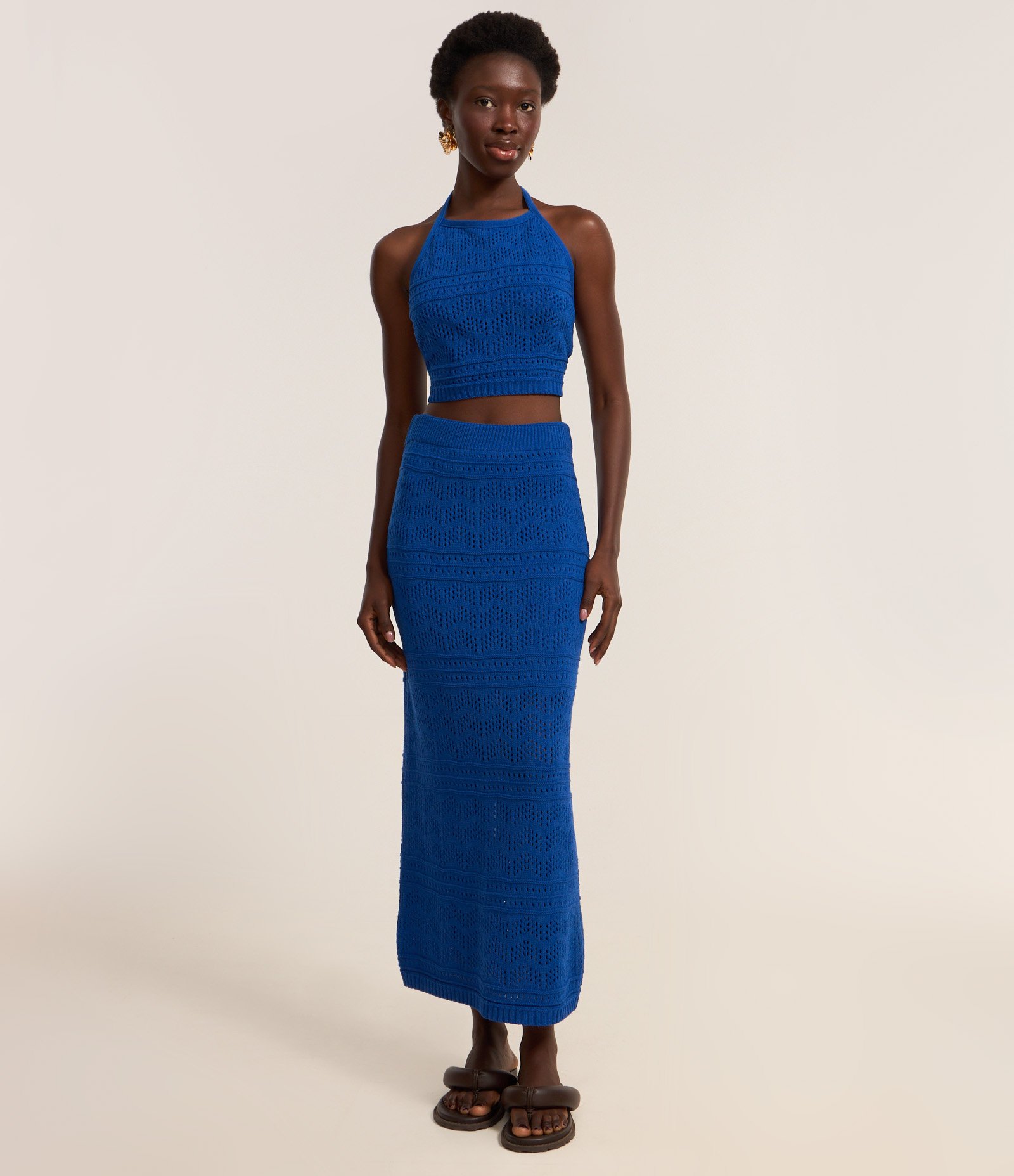 Blusa Frente Única em Tricô com Mix de Pontos e Amarração Azul 2