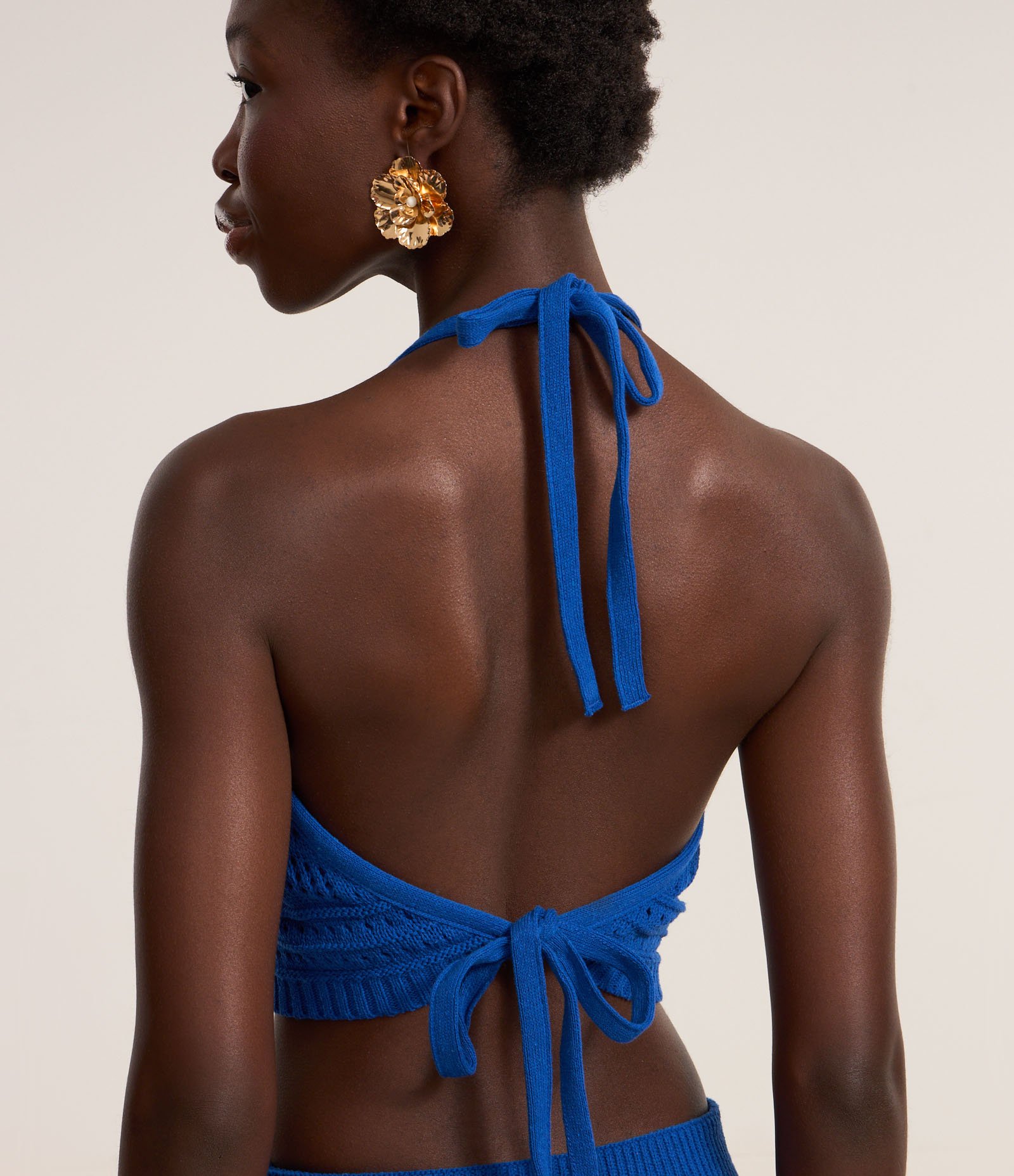 Blusa Frente Única em Tricô com Mix de Pontos e Amarração Azul 4