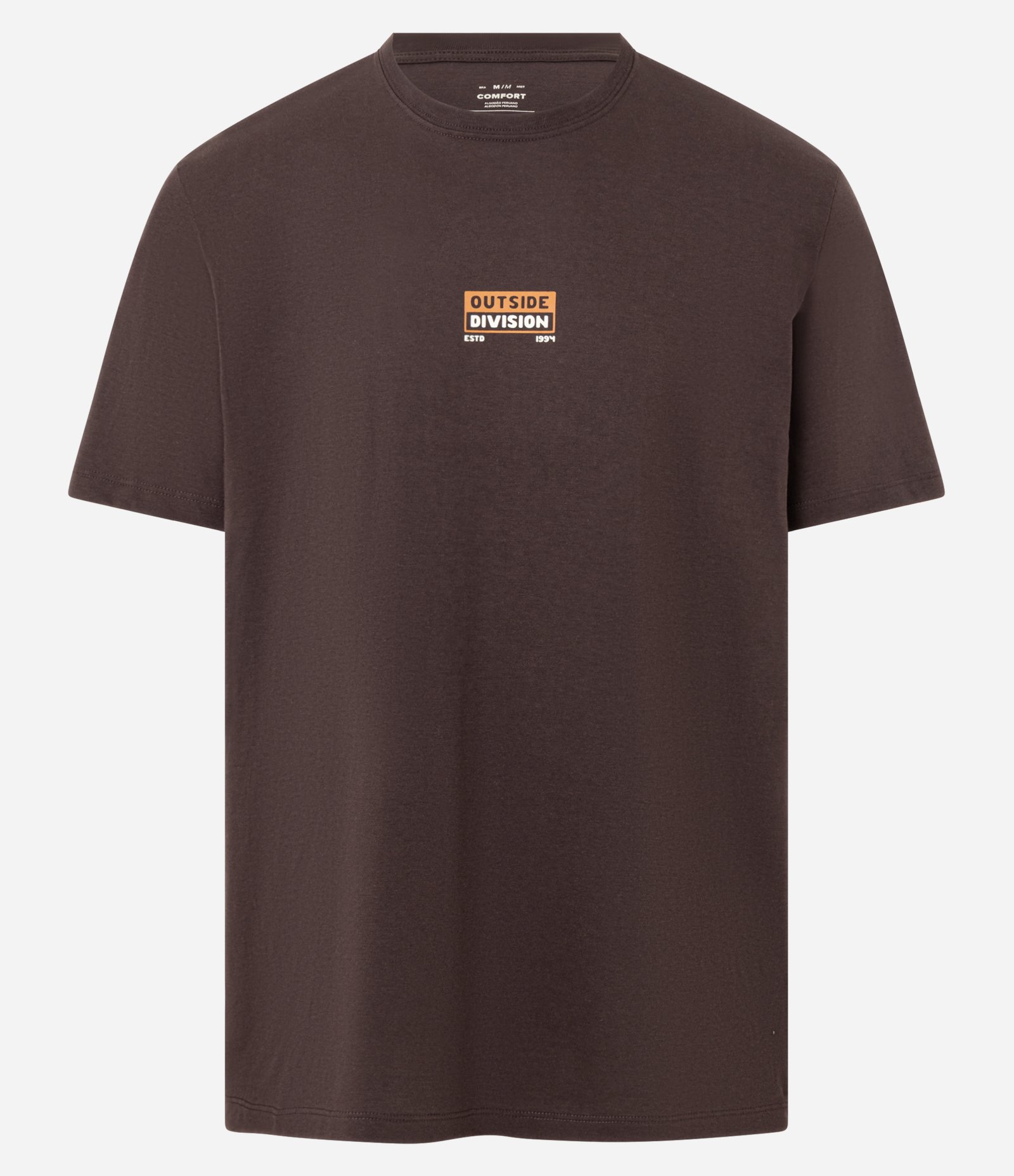 Camiseta Comfort em Algodão Peruano com Estampa Lettering Outside Division Marrom 1