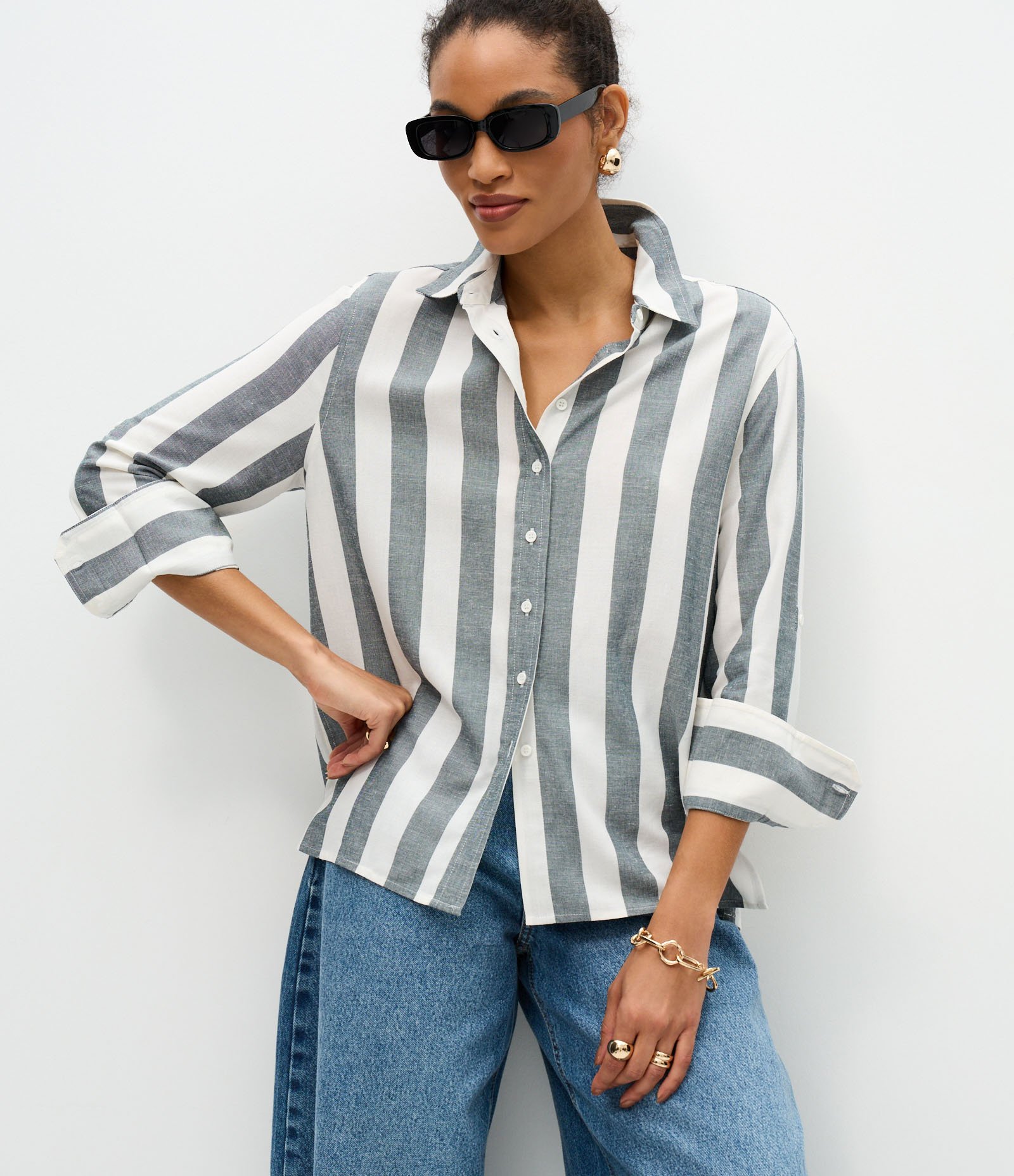 Camisa Manga Longa em Viscolinho com Estampa Listrada Branco/Cinza 1