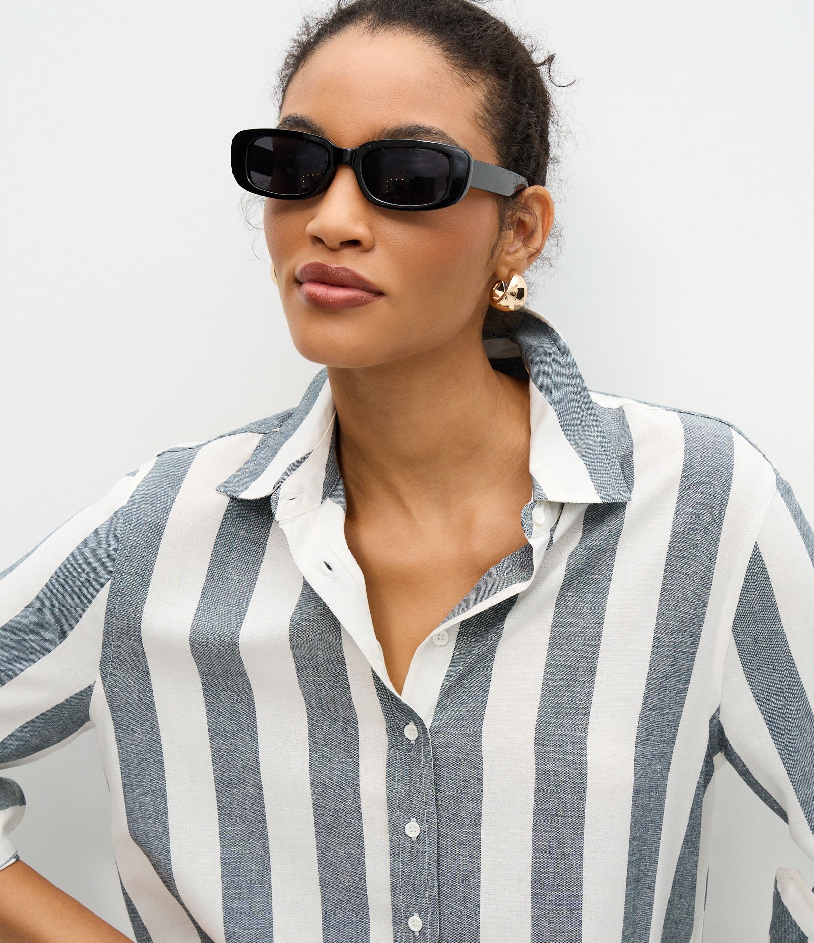 Camisa Manga Longa em Viscolinho com Estampa Listrada Branco/Cinza 3