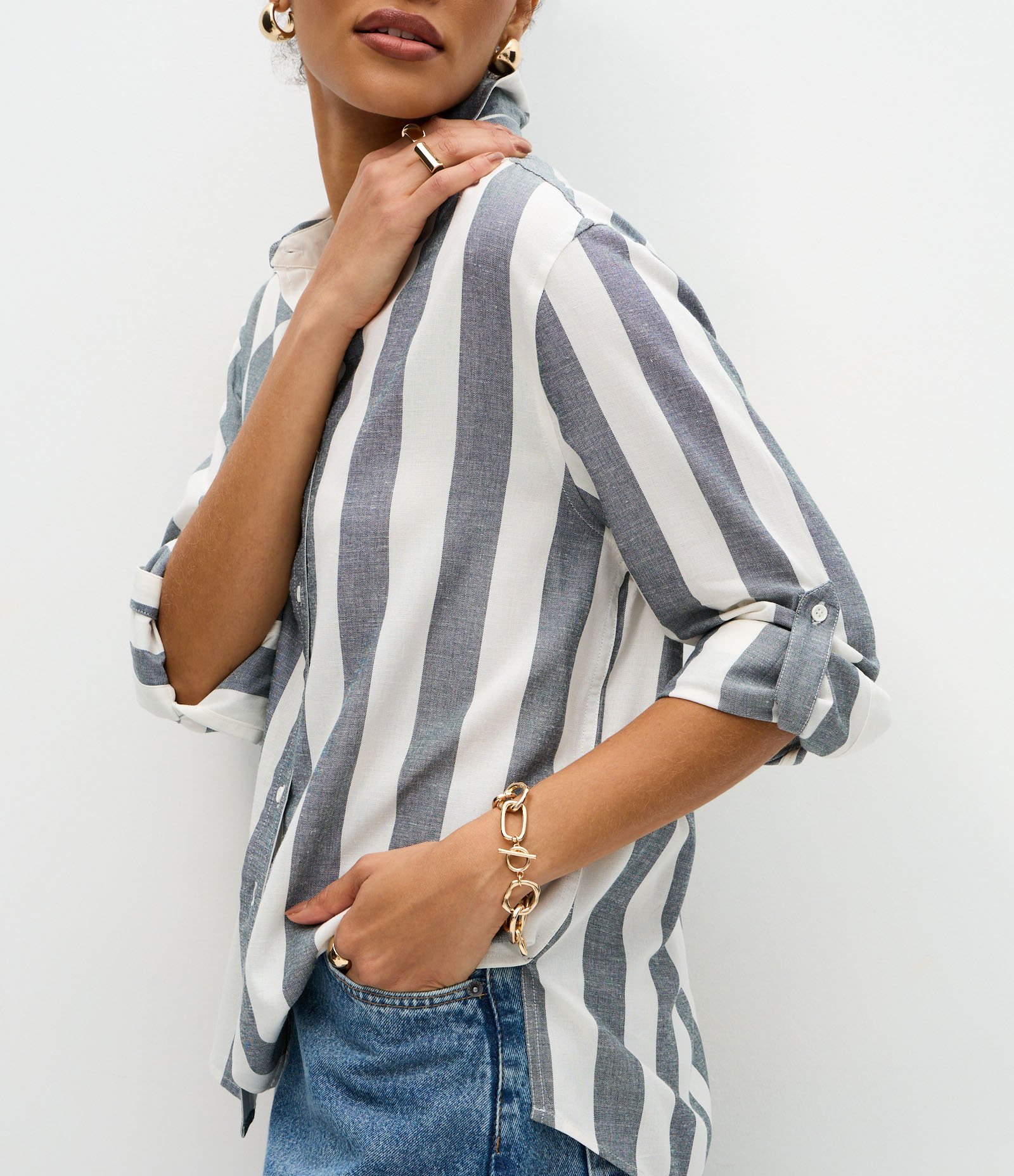 Camisa Manga Longa em Viscolinho com Estampa Listrada Branco/Cinza 4