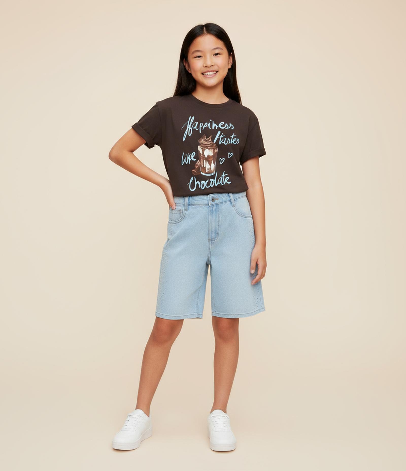 Bermuda Jorts Infantil em Jeans com Aplicação de Brilhos Laterais - Tam 5 a 14 Anos Azul 1