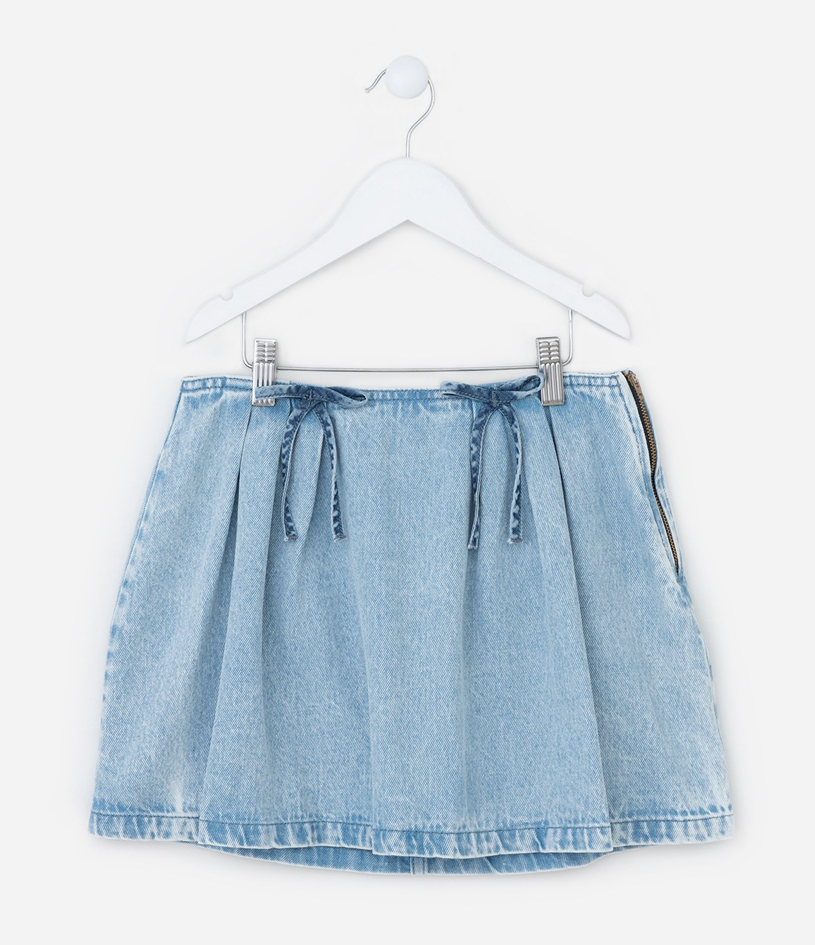 Saia Infantil em Jeans com Pregas e Aplicações de Lacinhos - Tam 7 a 14 Anos Azul 1