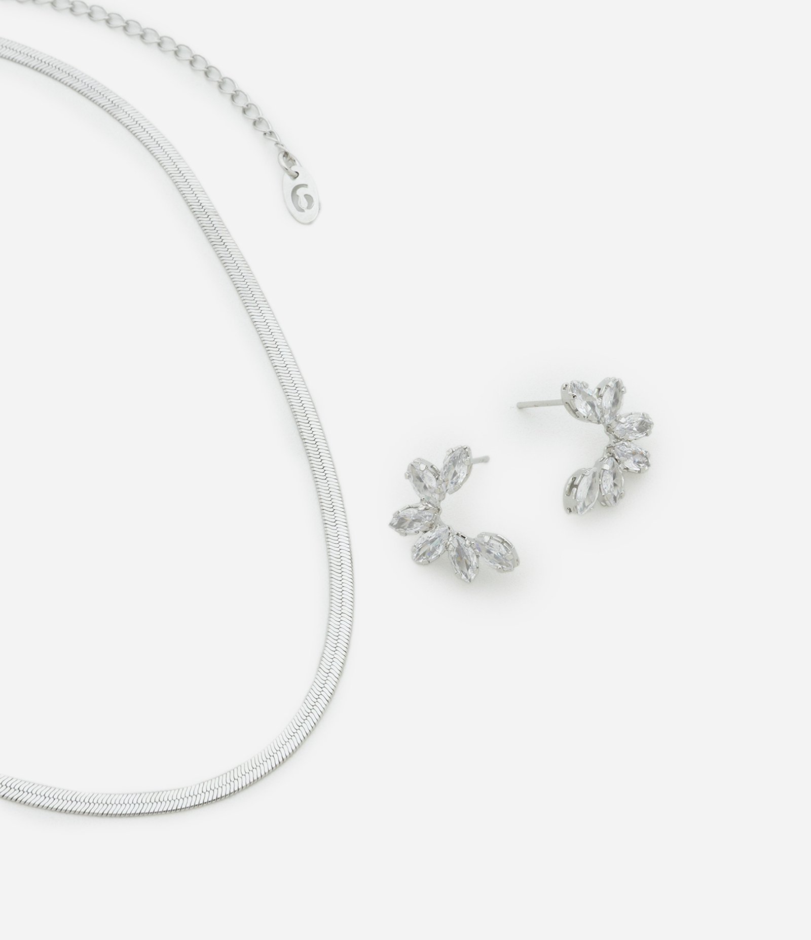 Conjunto de Colar e Brinco Metal com Pedras Prata 1