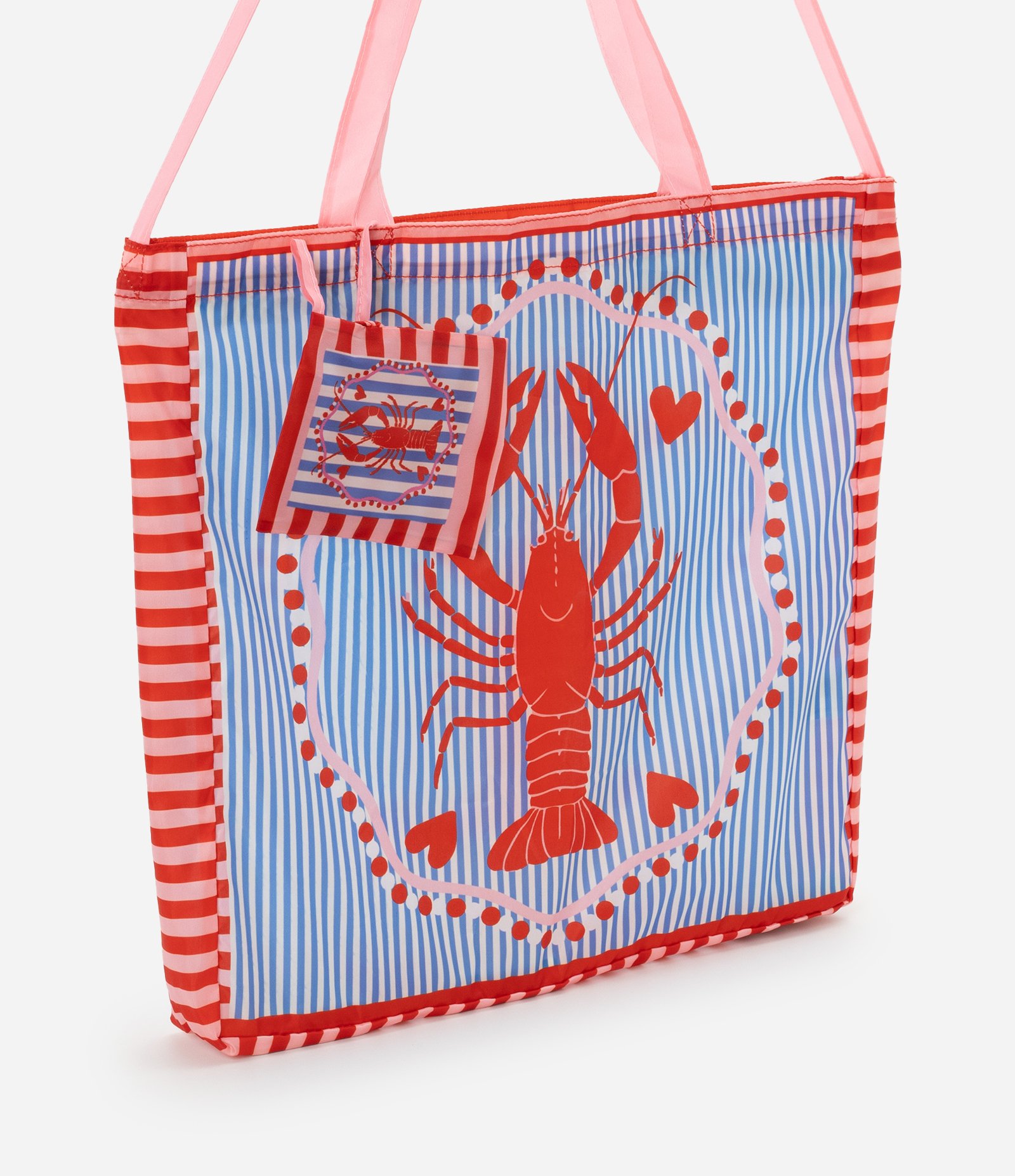 Sacola Dobrável com Estampa Listrada e Lagosta Vermelho 1