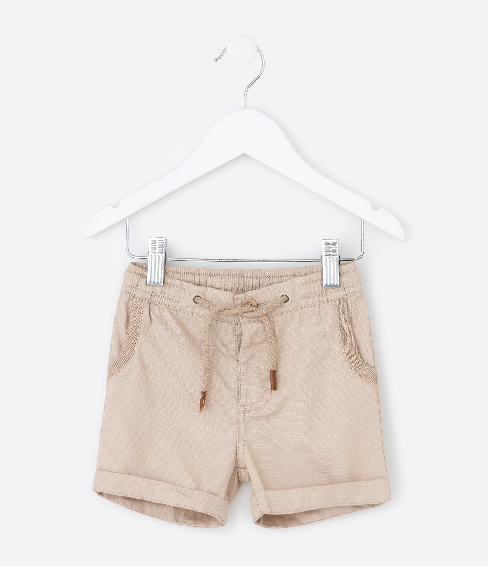 Bermuda Infantil em Sarja com Cós Elástico e Bolsos – Tam RN a 18 Meses Bege 1