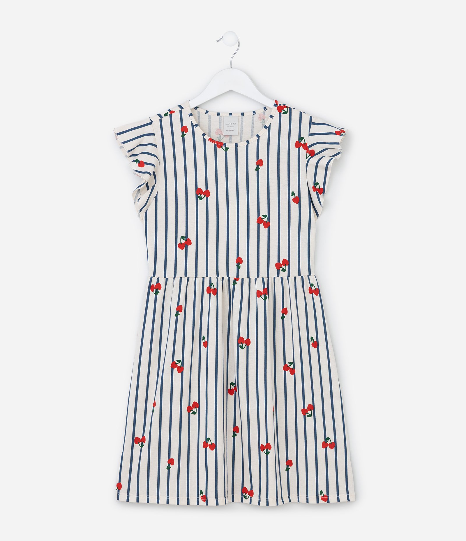 Vestido com Estampa Listrada com Cerejas - Tam 5 a 14 Anos Bege/Azul/Vermelho 1