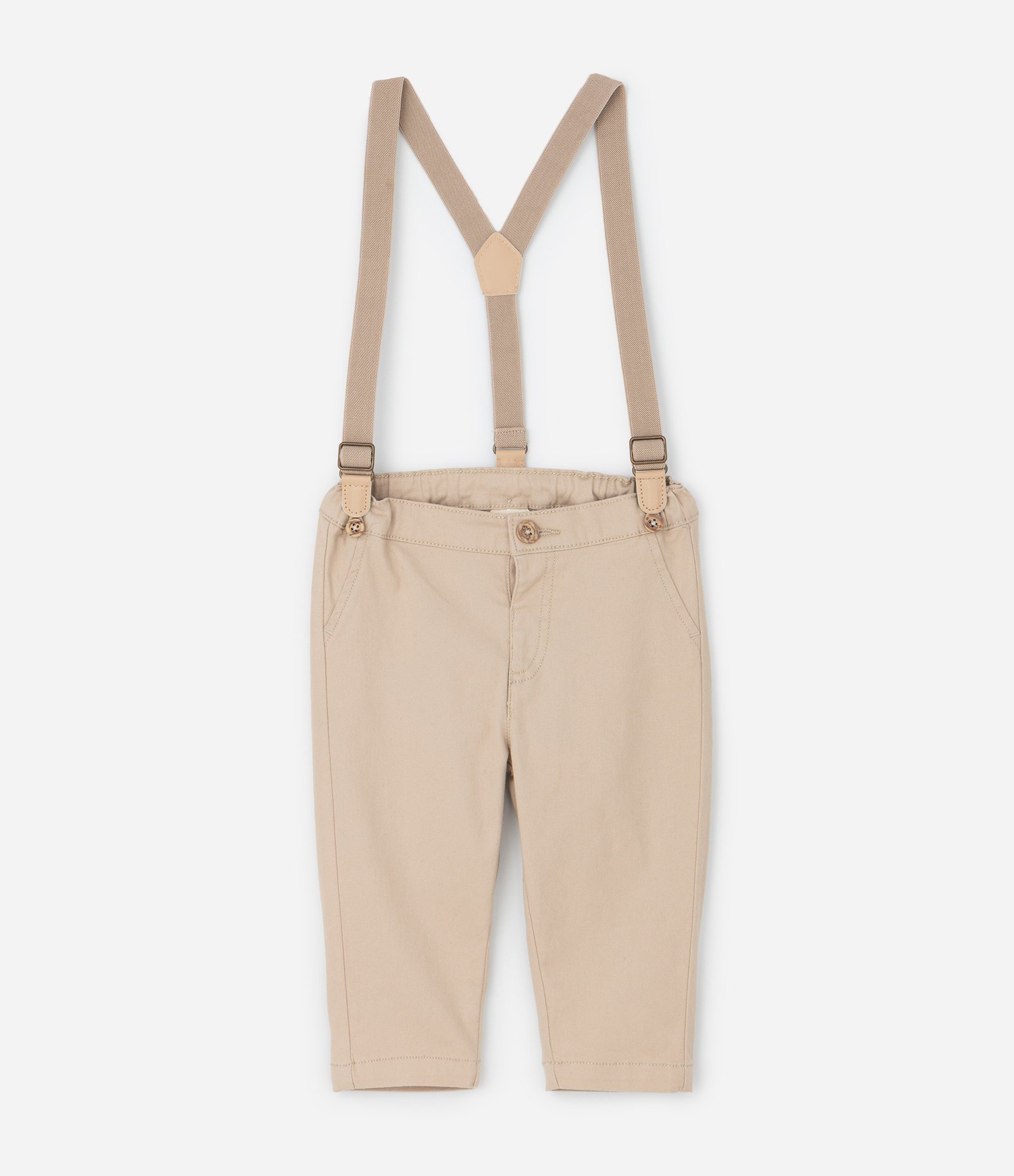 Calça Infantil em Sarja com Suspensório Removível – Tam RN a 18 Meses Bege Claro 1