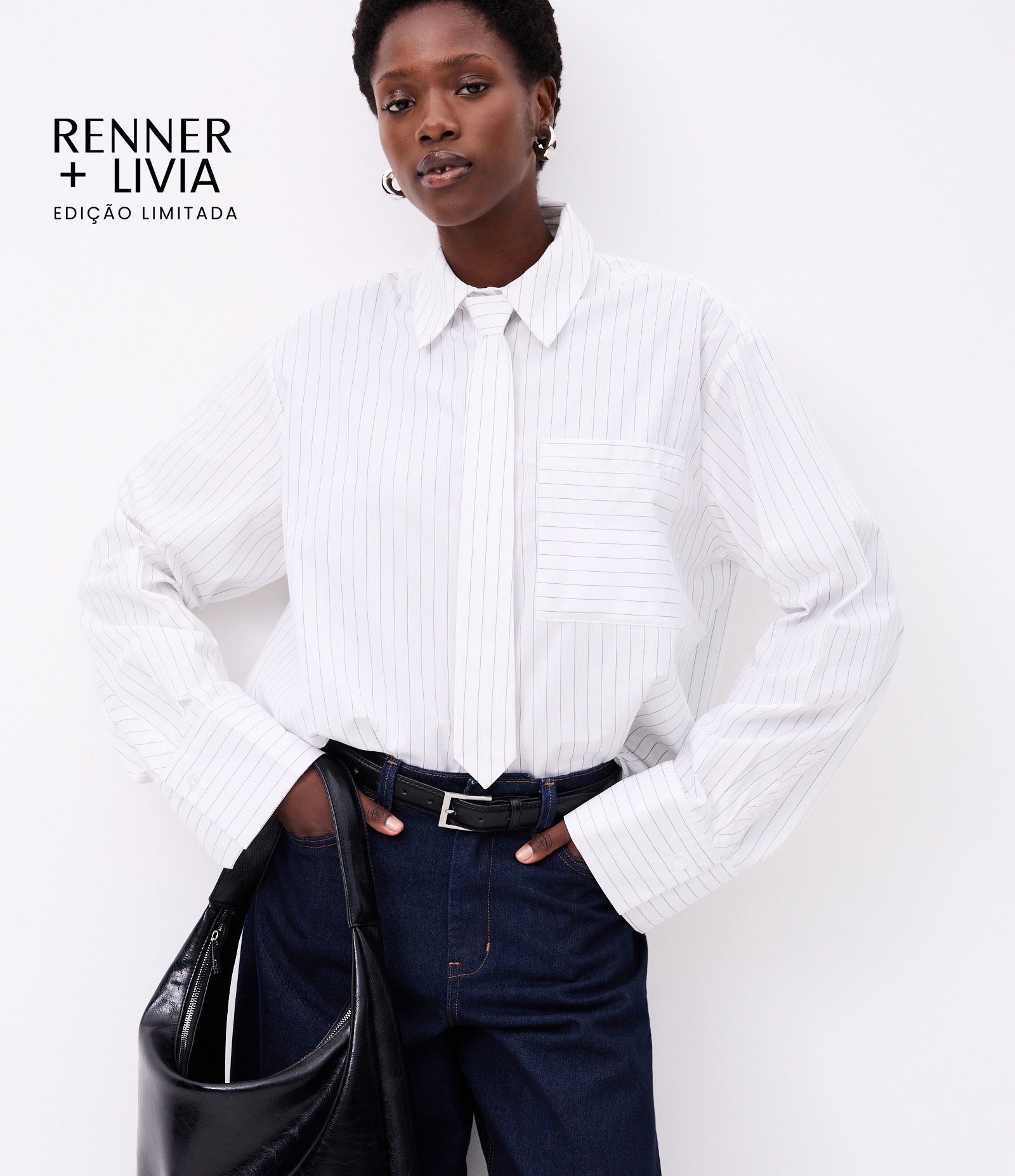 Camisa Maxi Oversized em Tricoline com Gravata e Listras de Fio Tinto Branco 1