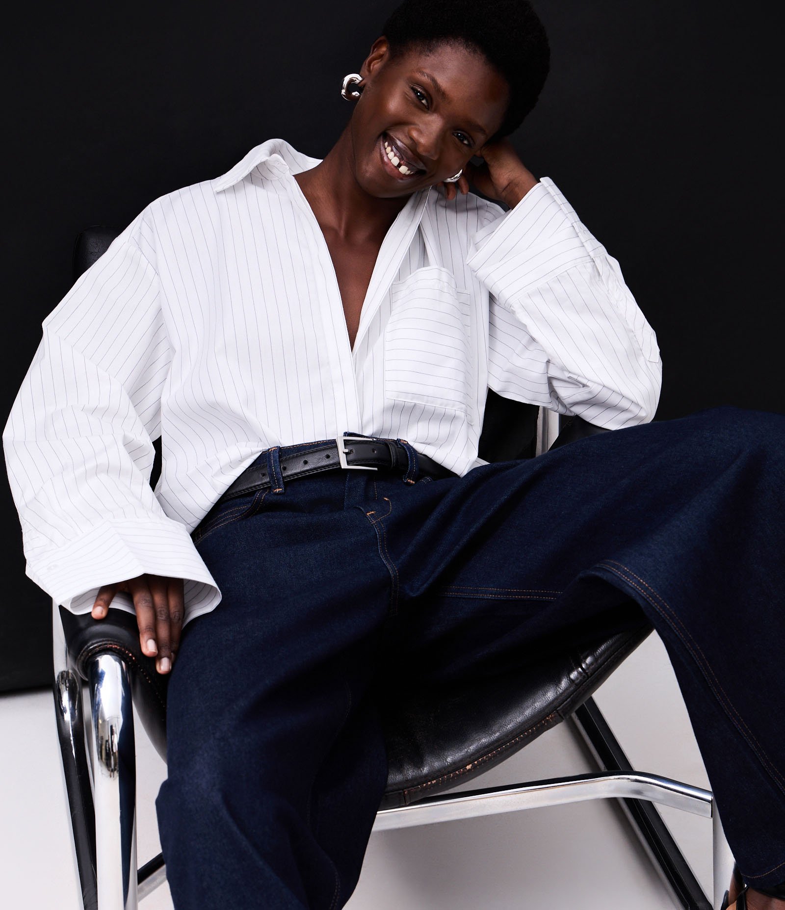 Camisa Maxi Oversized em Tricoline com Gravata e Listras de Fio Tinto Branco 9