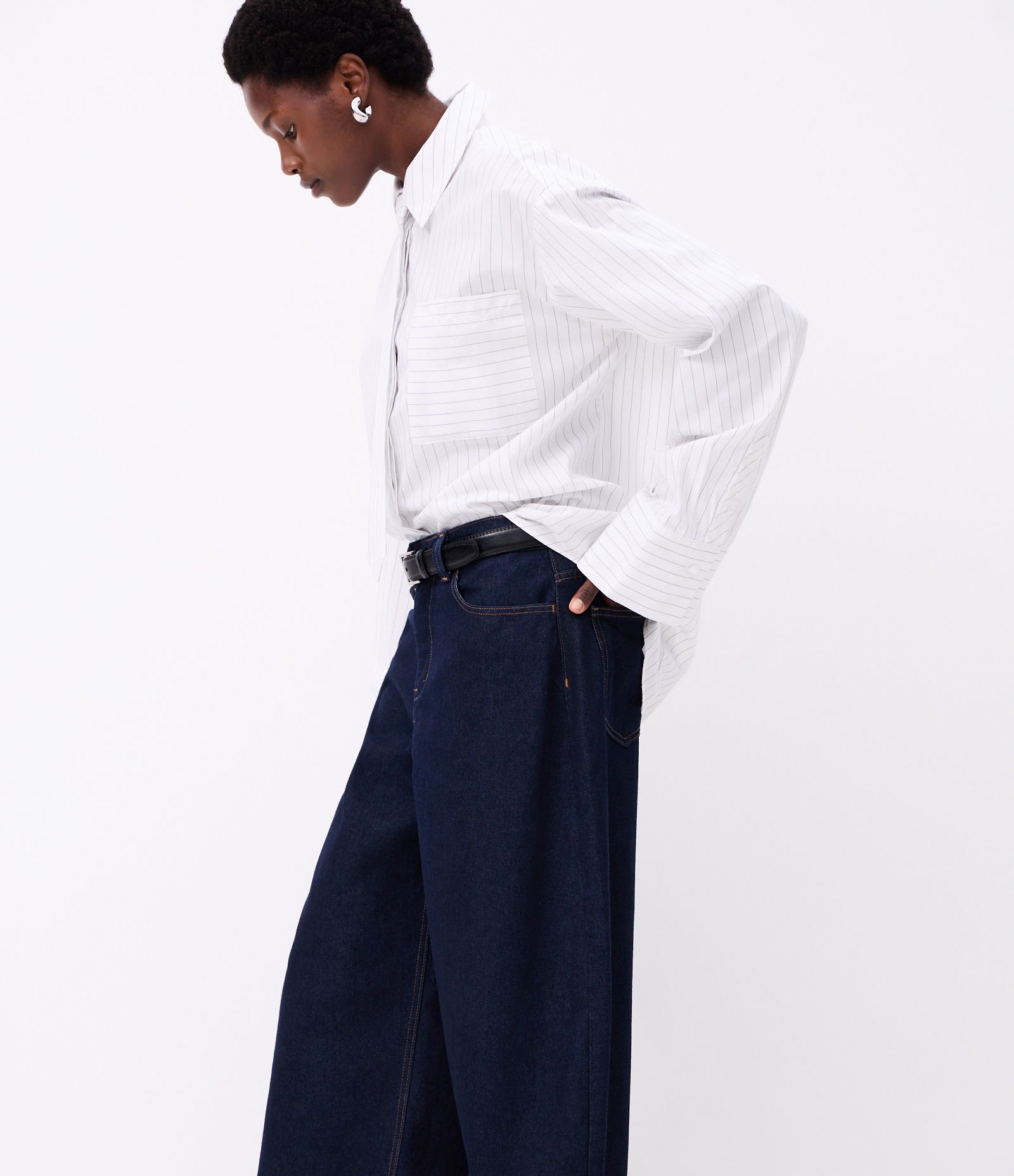 Camisa Maxi Oversized em Tricoline com Gravata e Listras de Fio Tinto Branco 5