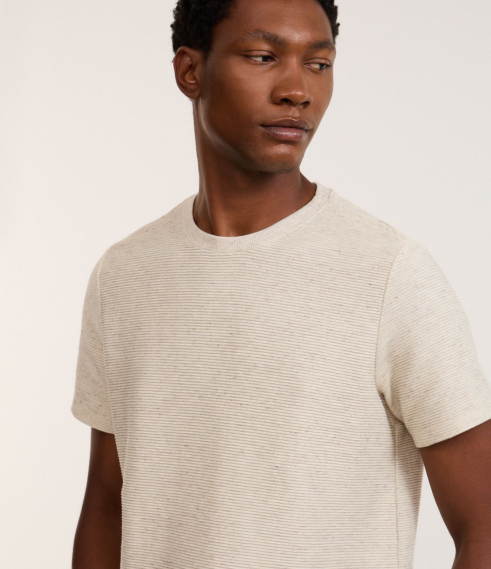 Camiseta Regular em Algodão com Textura Horizontal Bege 4