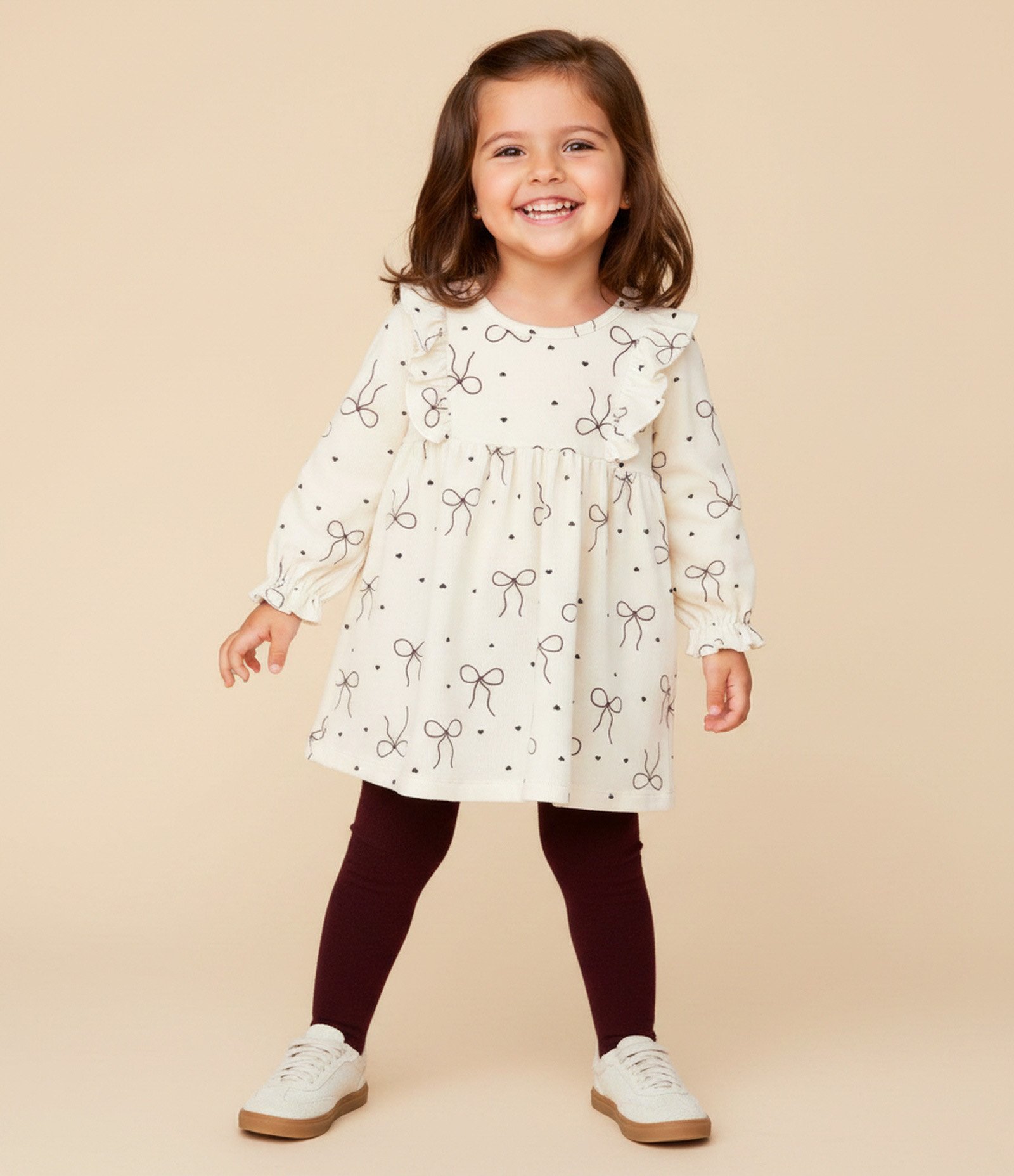 Vestido Infantil com Estampa de Laços e Meia Calça – Tam 1 a 6 Anos Bege/Bordô 1