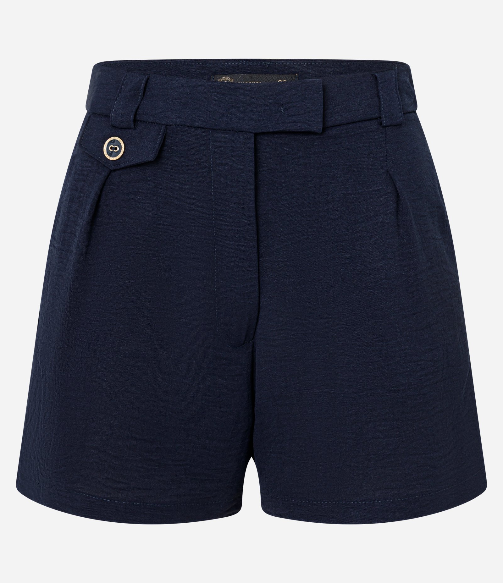 Short de Cintura Alta em Airflow Pregas e Lapela Abotoada Azul Marinho 1
