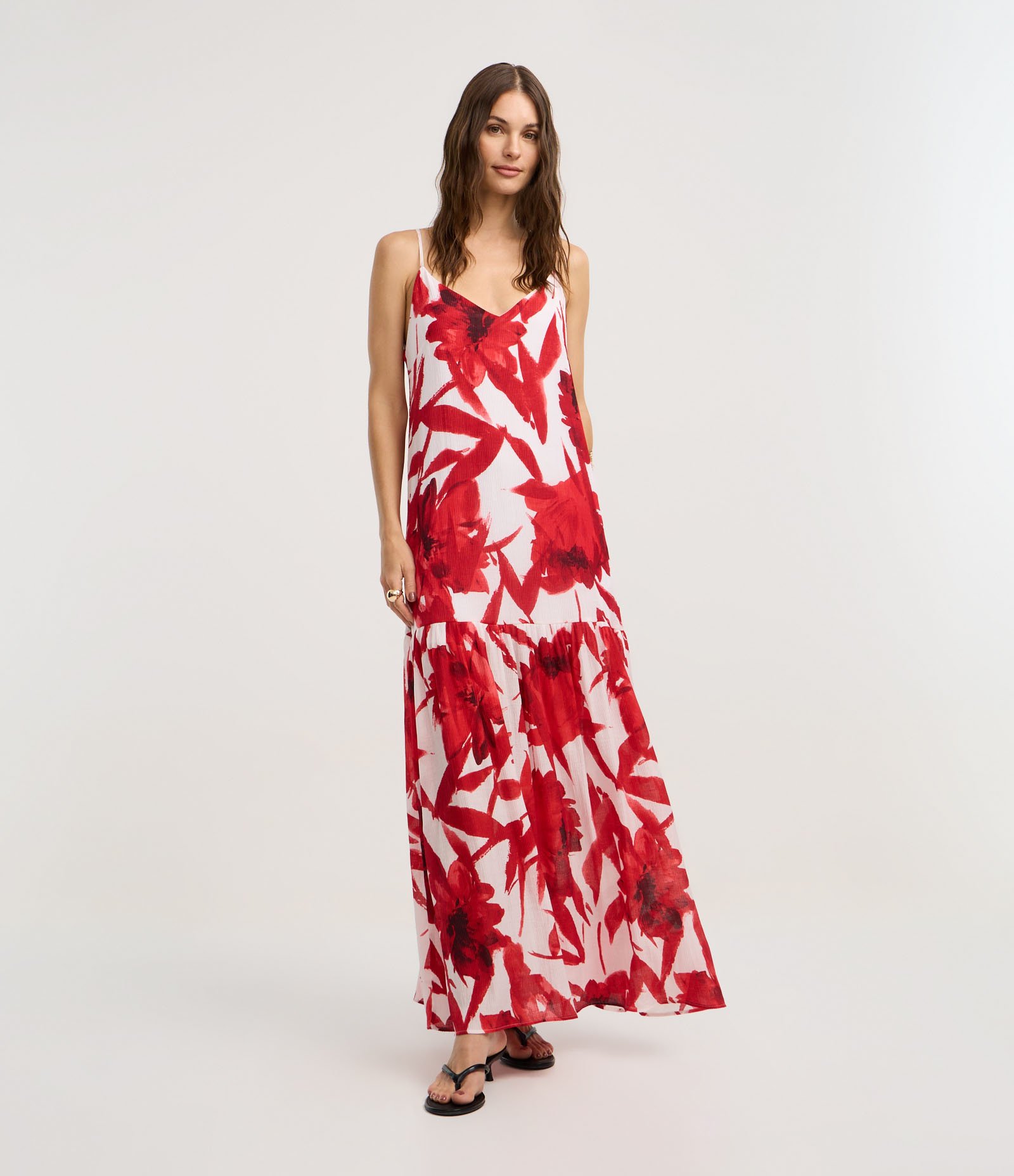 Vestido Evasê Longo em Viscose com Estampa Floral Vermelho/Branco 1