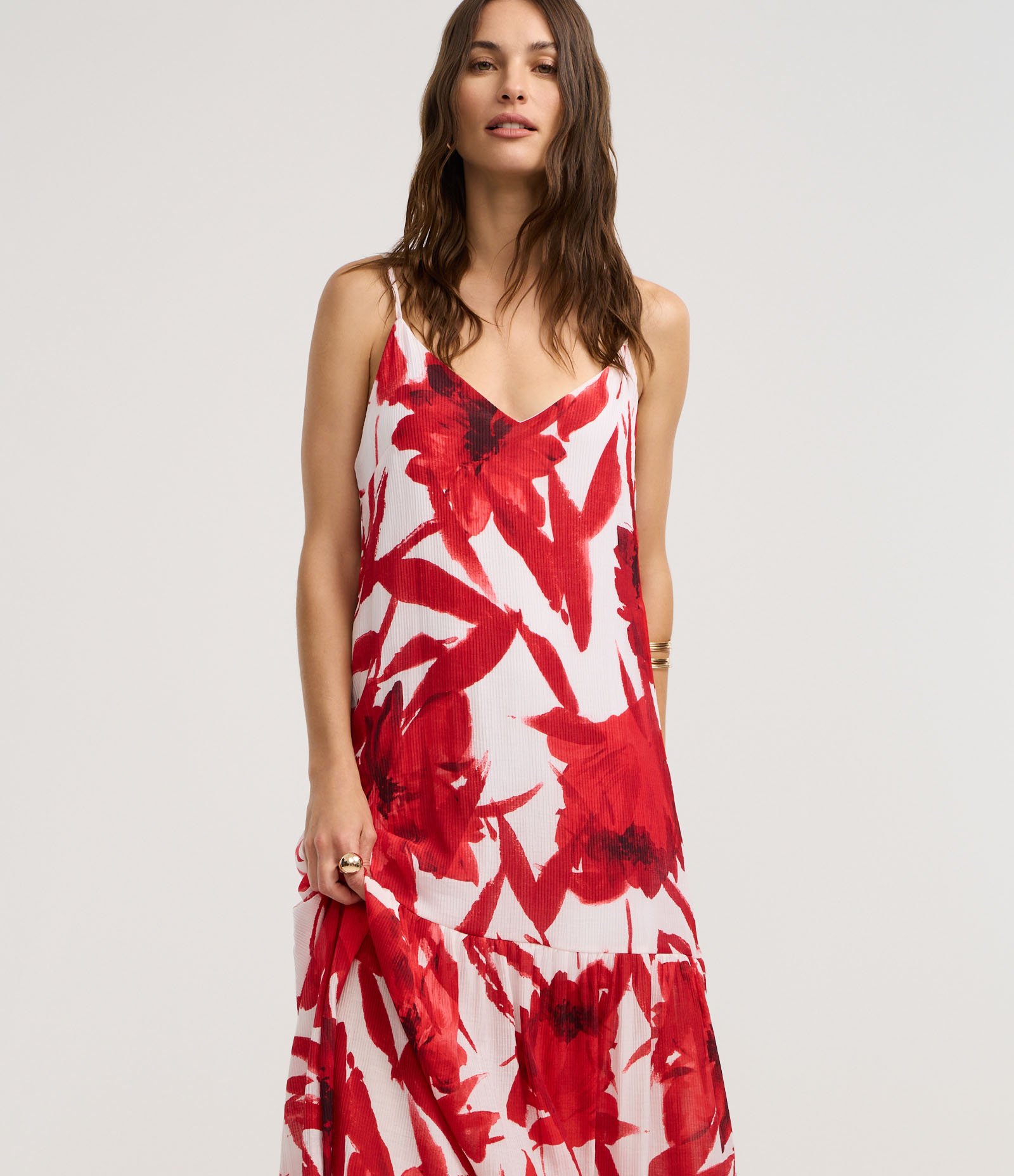 Vestido Evasê Longo em Viscose com Estampa Floral Vermelho/Branco 2