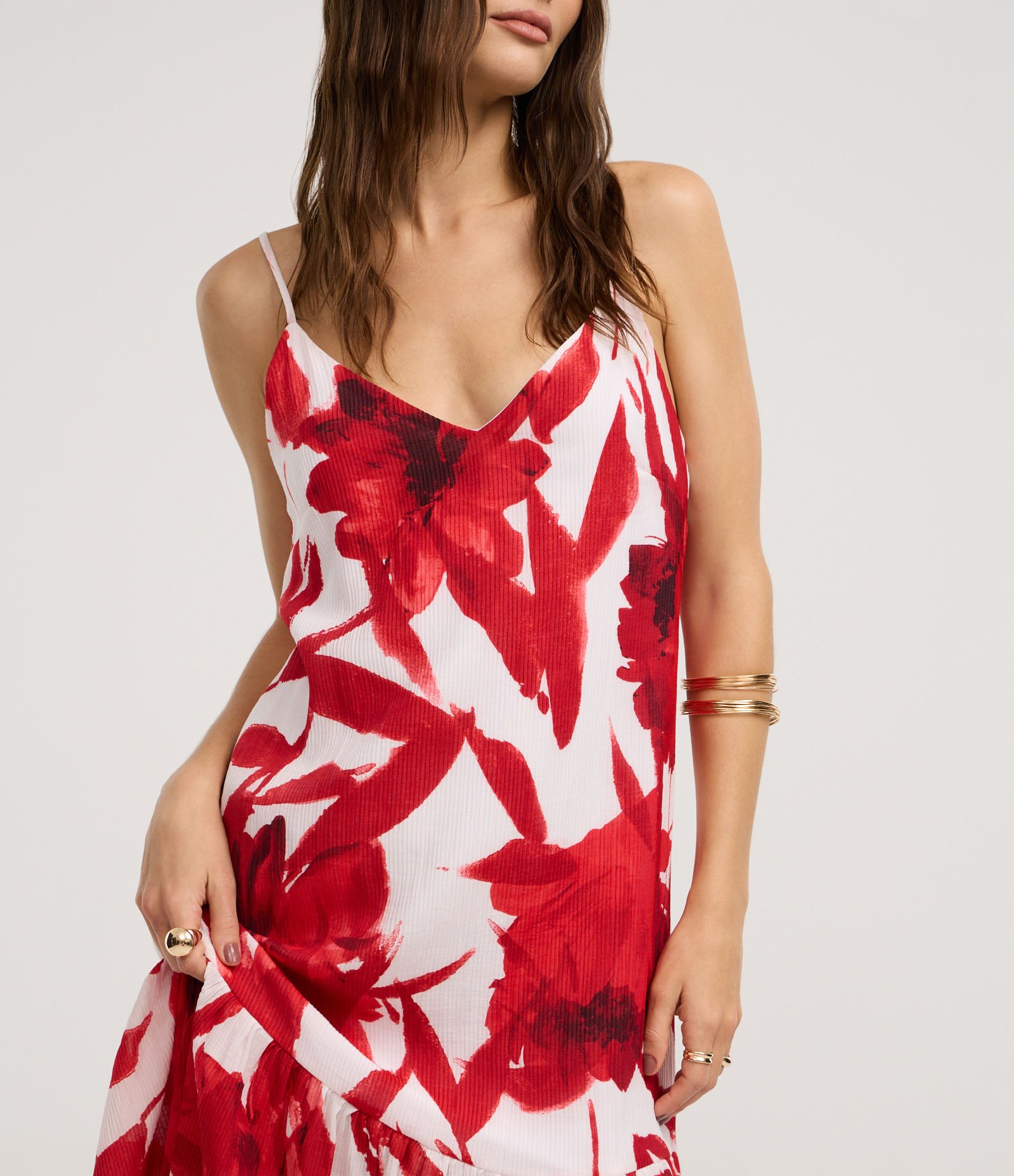 Vestido Evasê Longo em Viscose com Estampa Floral Vermelho/Branco 4