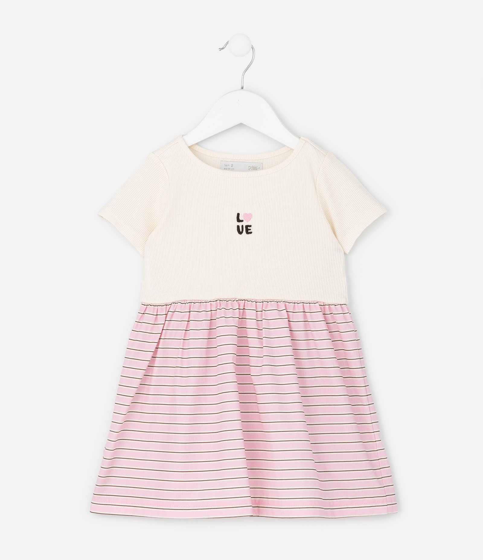 Vestido Infantil em Ribana com Saia Listrada e Estampa Love – Tam 1 a 5/6 Anos Off White/Rosa 1