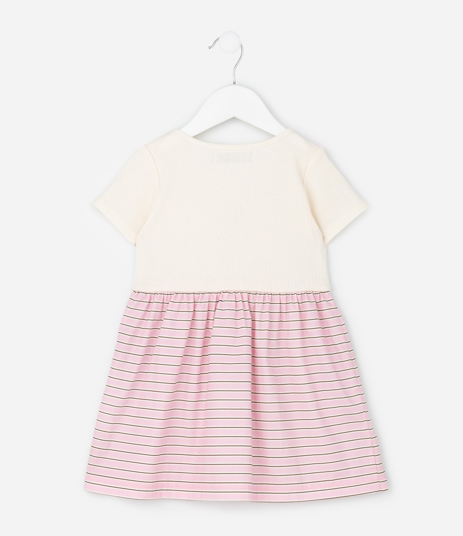Vestido Infantil em Ribana com Saia Listrada e Estampa Love – Tam 1 a 5/6 Anos Off White/Rosa 2
