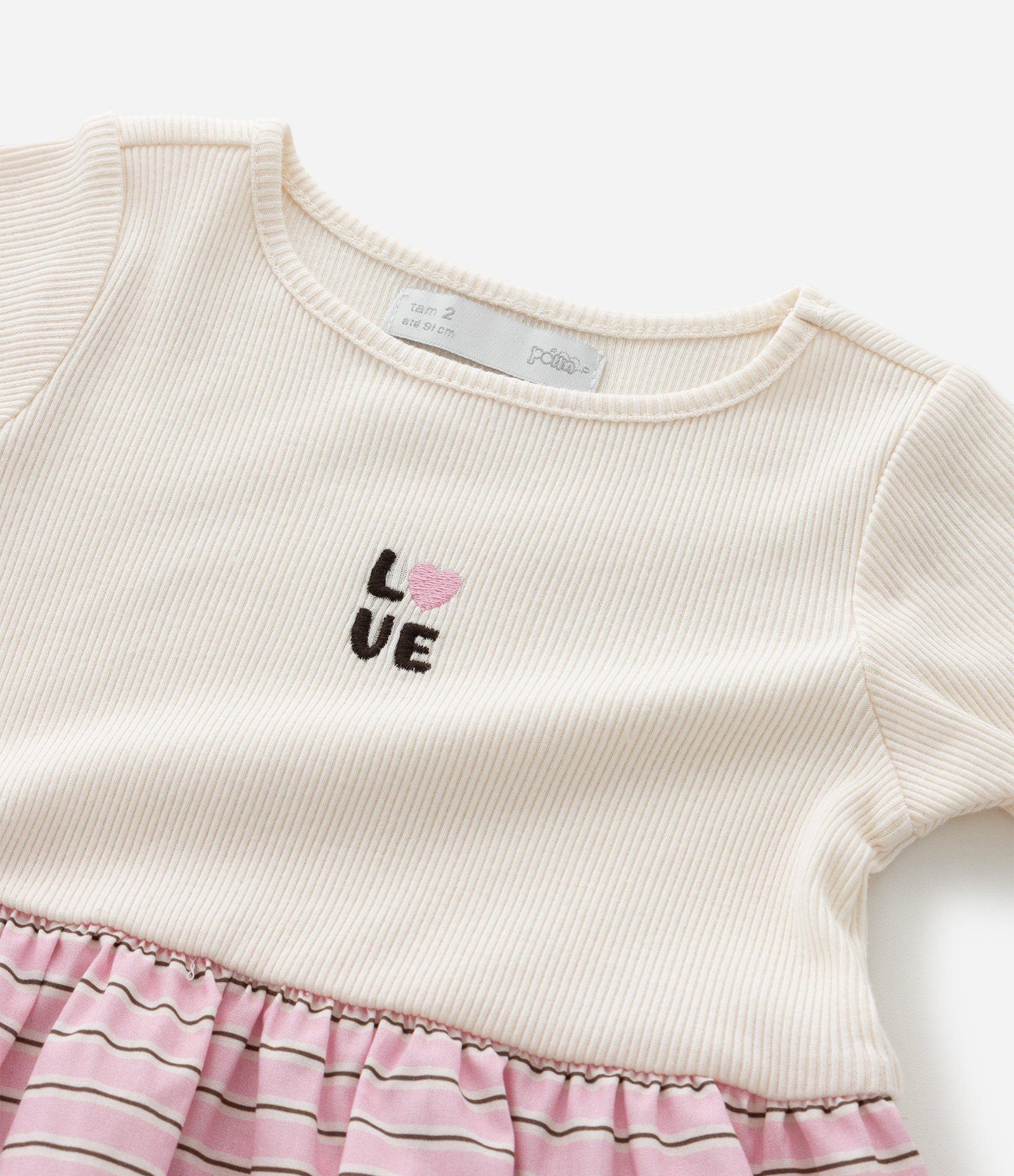 Vestido Infantil em Ribana com Saia Listrada e Estampa Love – Tam 1 a 5/6 Anos Off White/Rosa 4