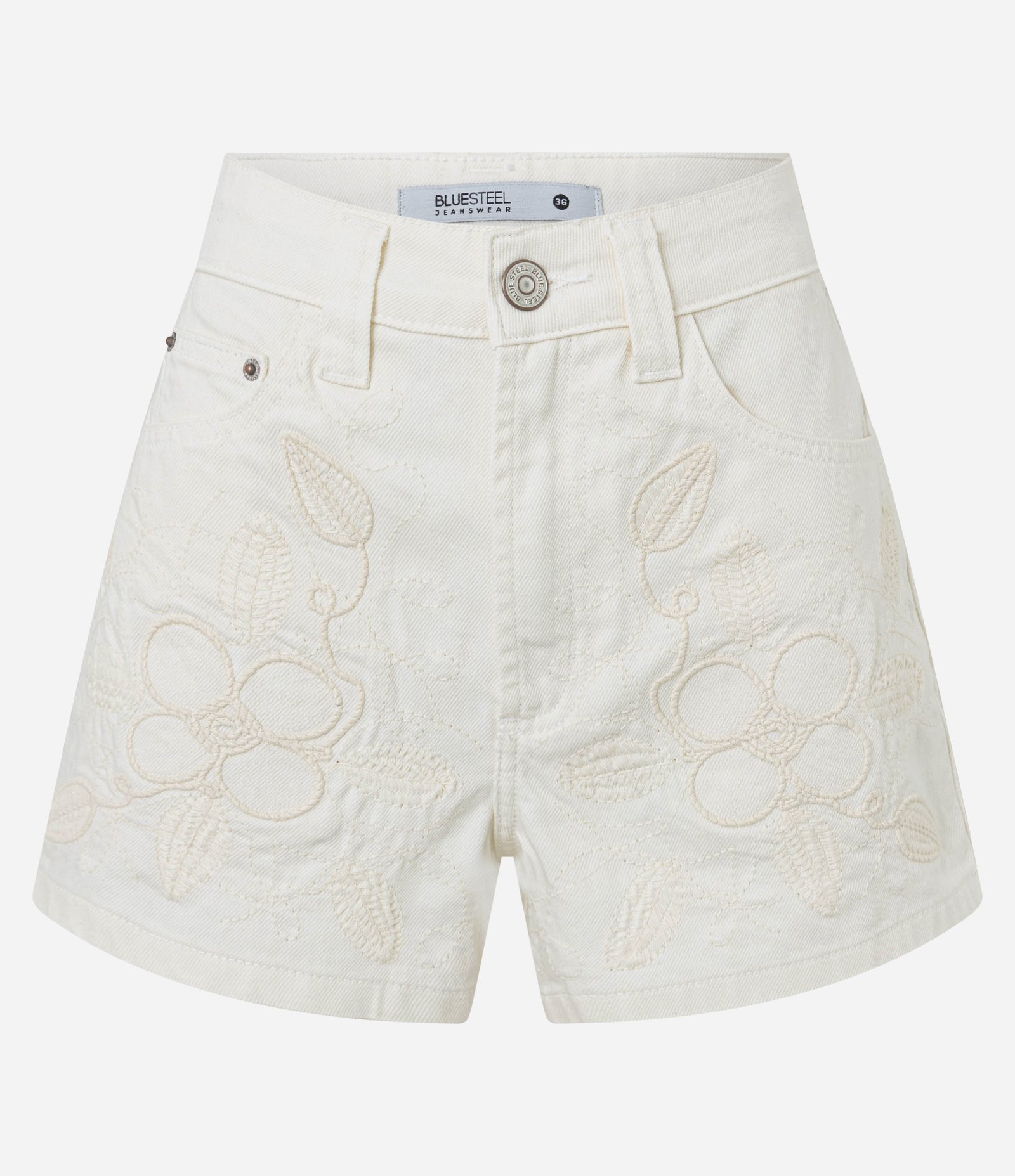 Short Slim Cintura Alta em Sarja com Bordado Floral Off White 6
