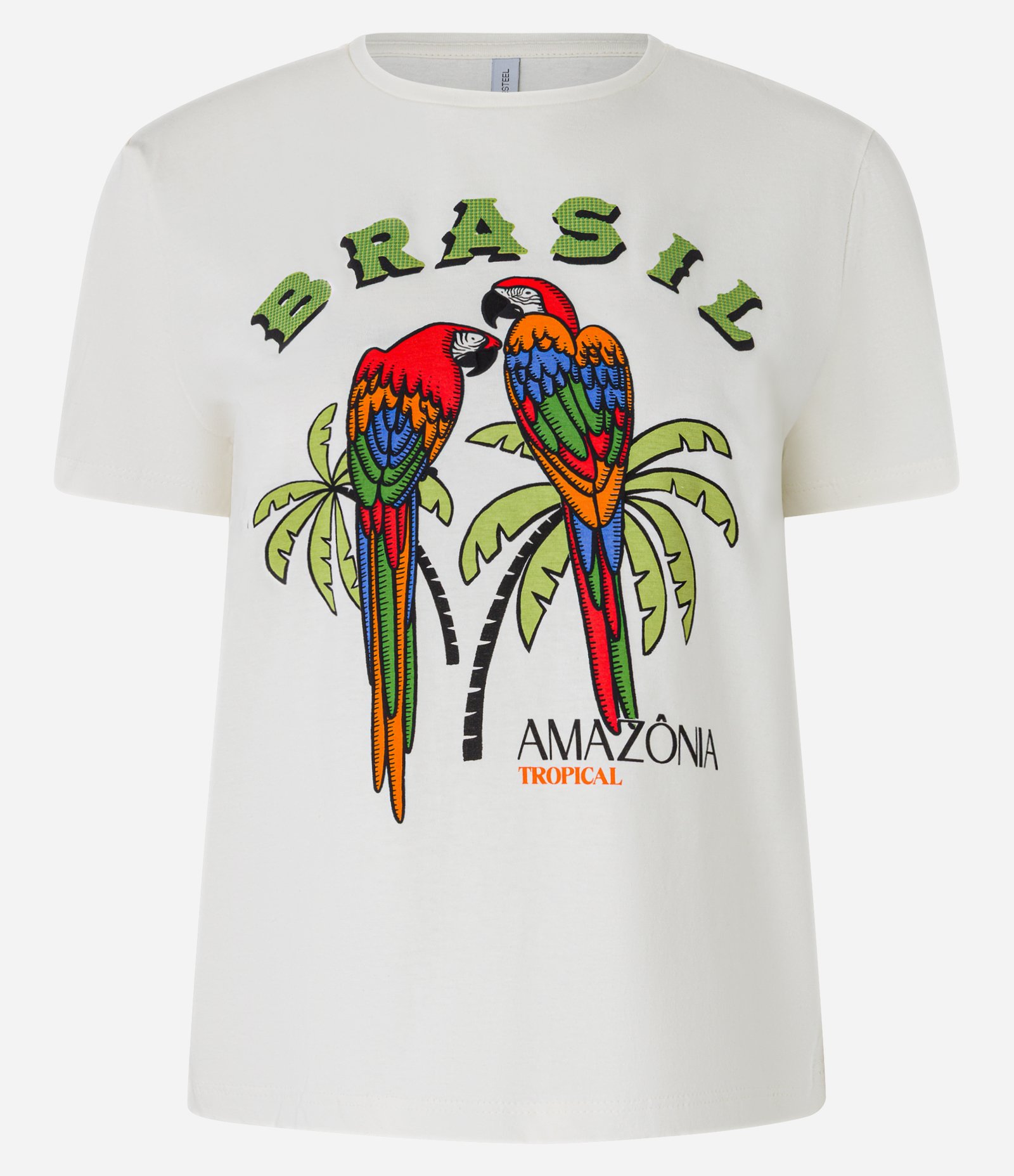 Camiseta T-Shirt em Algodão com Estampa de Araras e Lettering Brasil Amazônia Branco 4