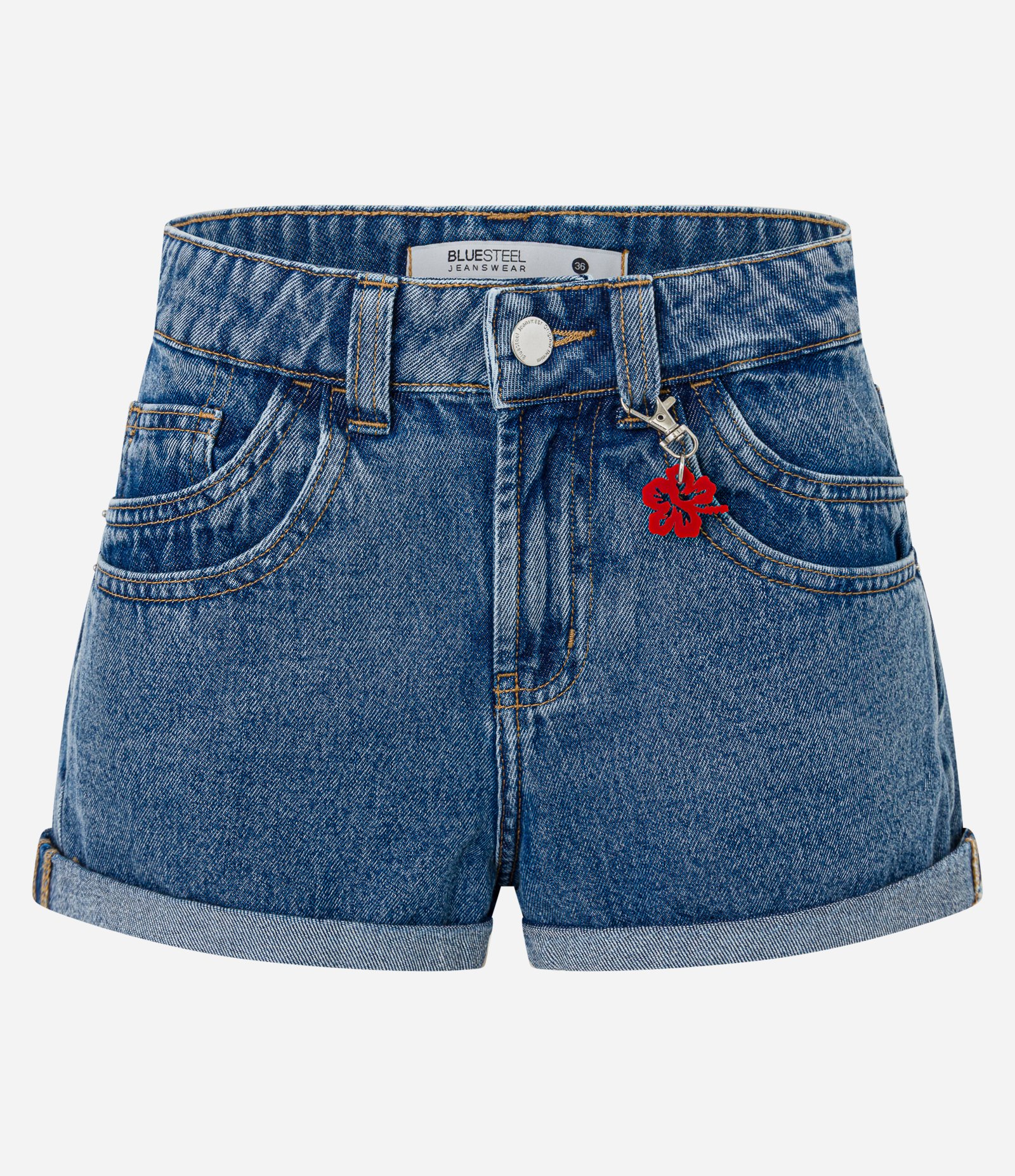 Short Slim Cintura Alta em Jeans com Pingente Floral Médio 6